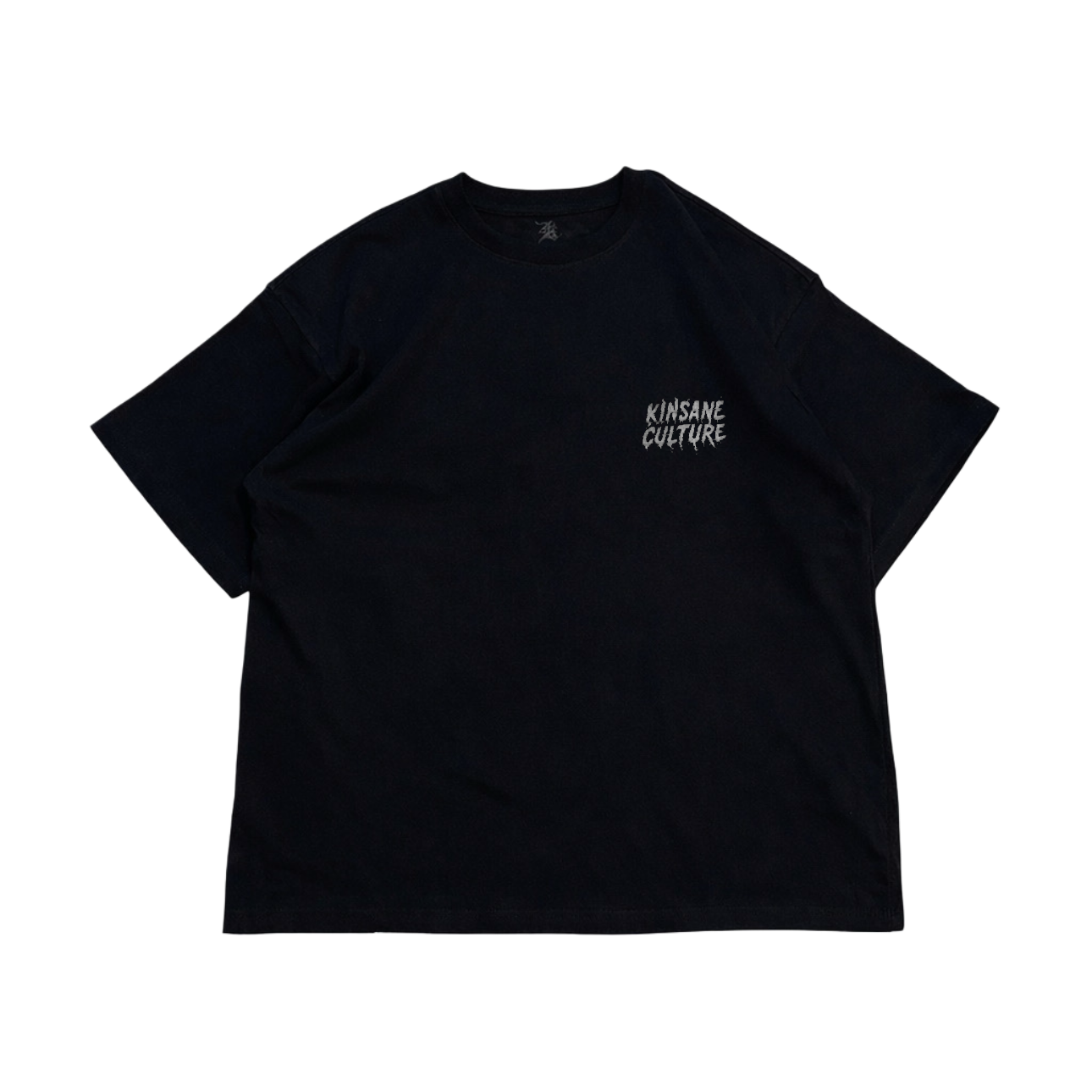 Black t shirt with white static text reading “KINSANE CULTURE” 