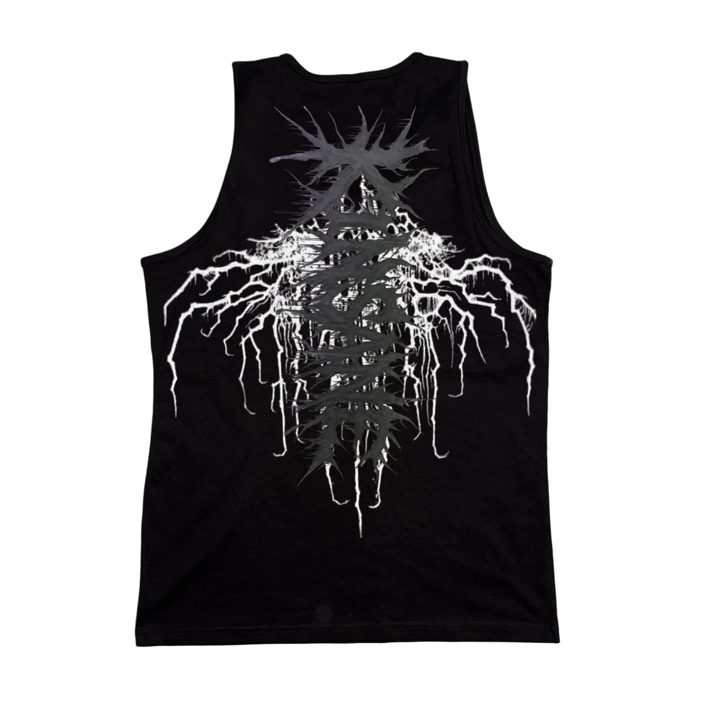 Back view of a black tank top with grey chaotic lettering reading “KINSANE” on top of white cracks 