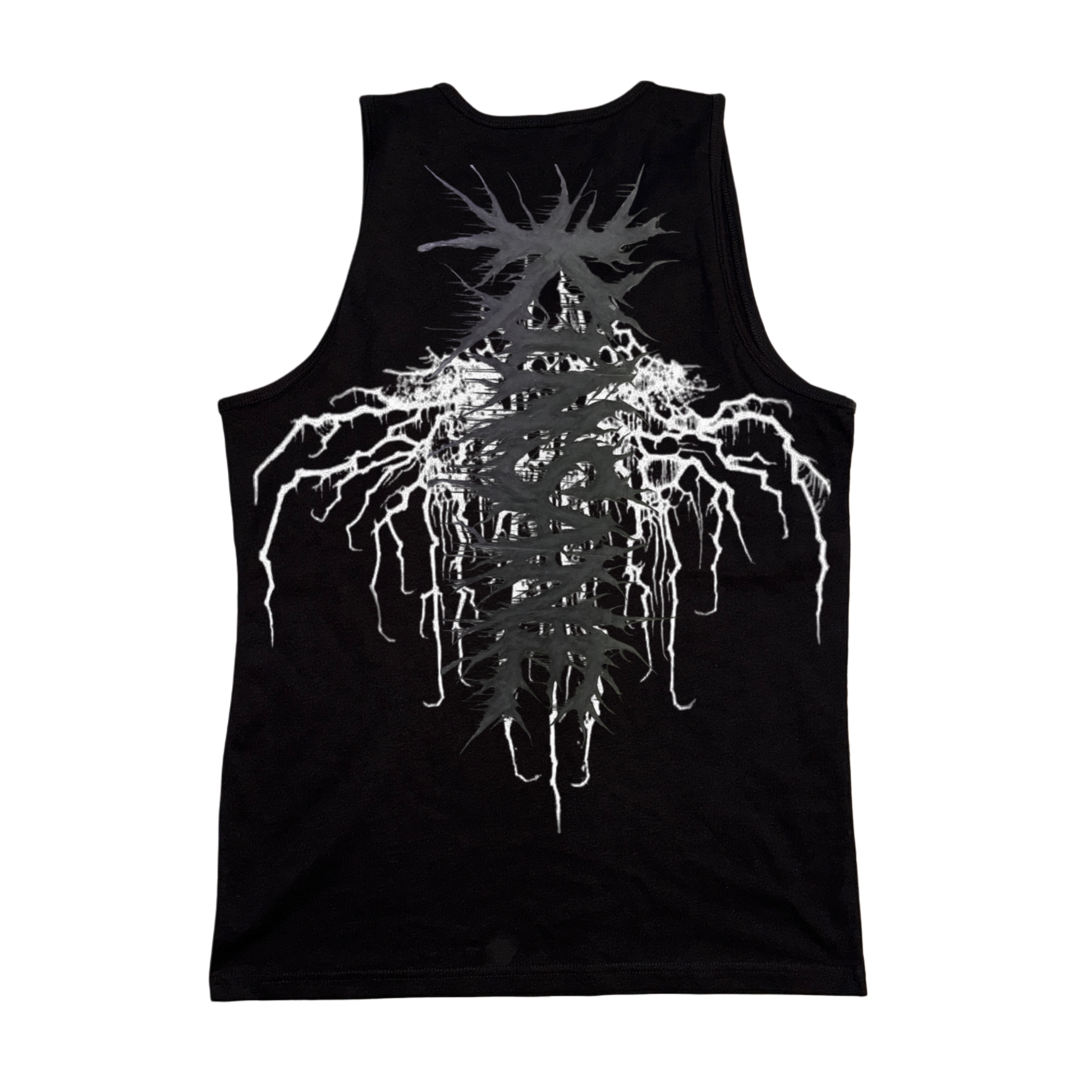 Back view of a black tank top with grey chaotic lettering reading “KINSANE” on top of white cracks 