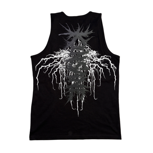 Back view of a black tank top with grey chaotic lettering reading “KINSANE” on top of white cracks 