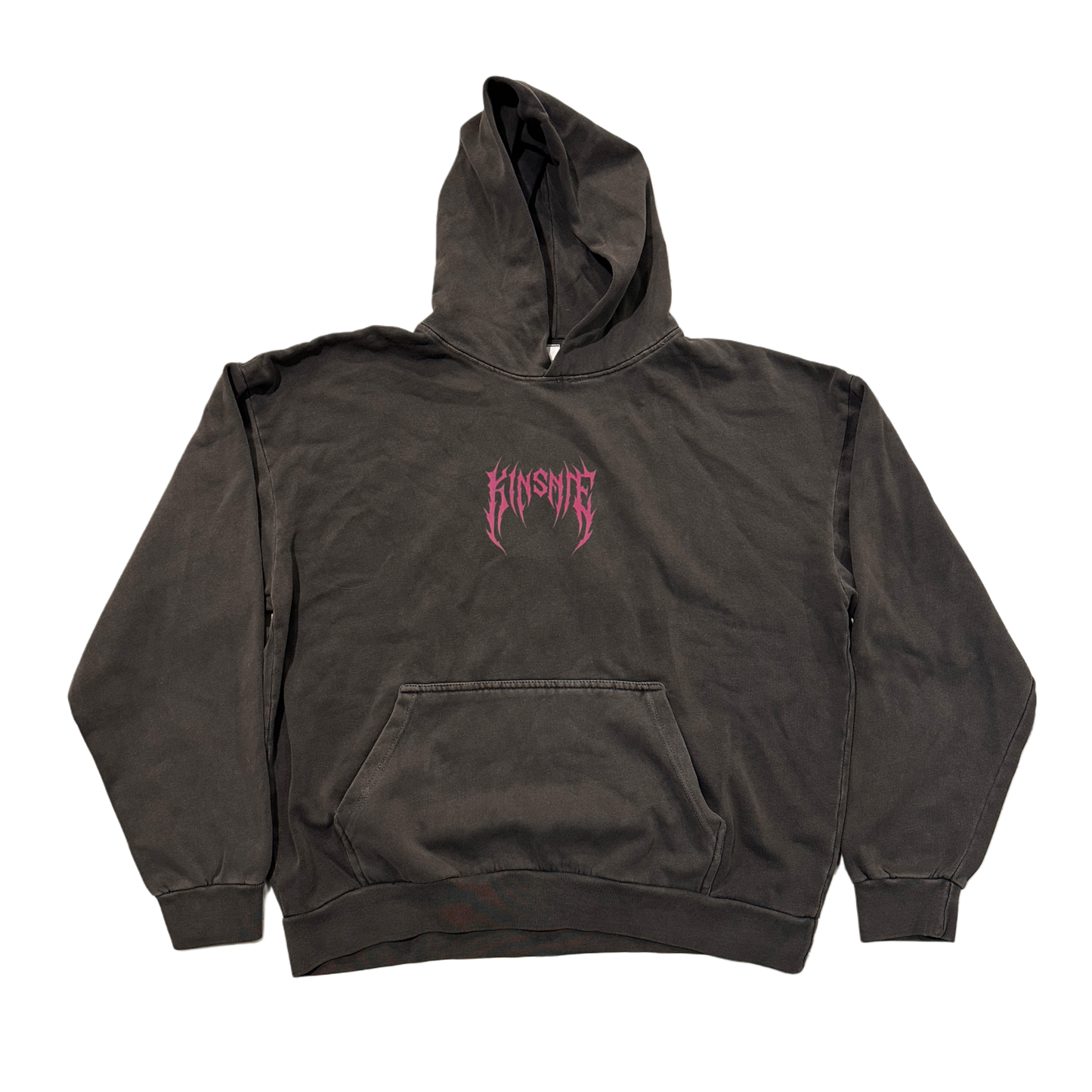 Dark gray hoodie with pink tribal lettering reading “KINSANE” in the center 