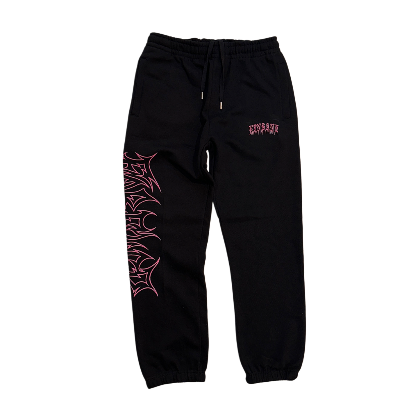 Black cuffed joggers with pink old English style lettering reading “KINSANE” on the right side and pink tribal outlined lettering reading “FOREVER” on the left side 