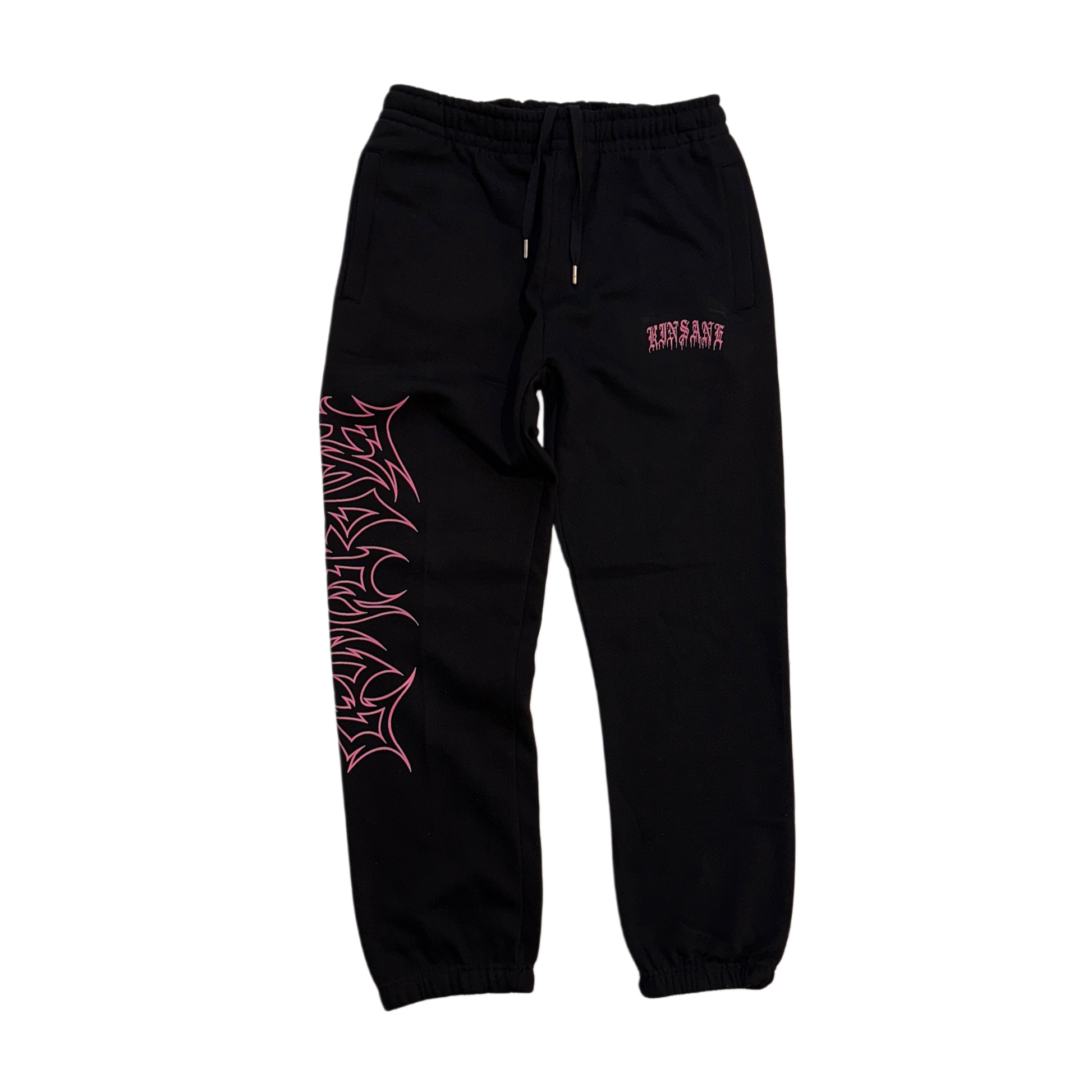 Black cuffed joggers with pink old English style lettering reading “KINSANE” on the right side and pink tribal outlined lettering reading “FOREVER” on the left side 