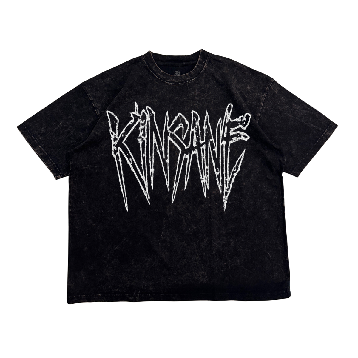 Black acid washed t shirt with white outlined text reading “KINSANE” 
