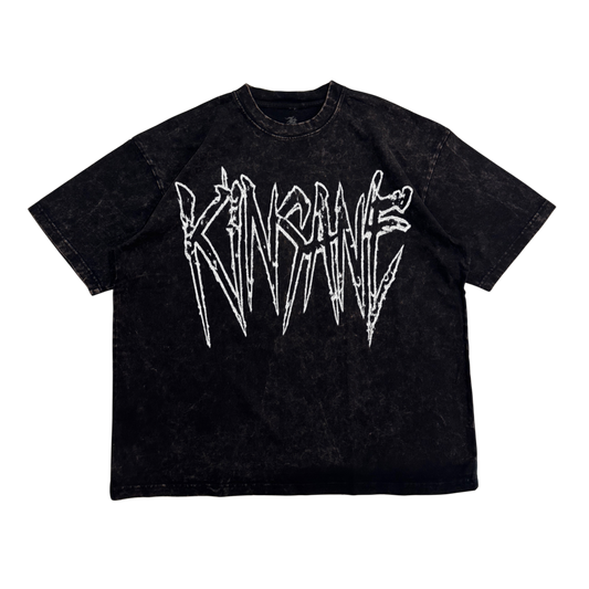 Black acid washed t shirt with white outlined text reading “KINSANE” 