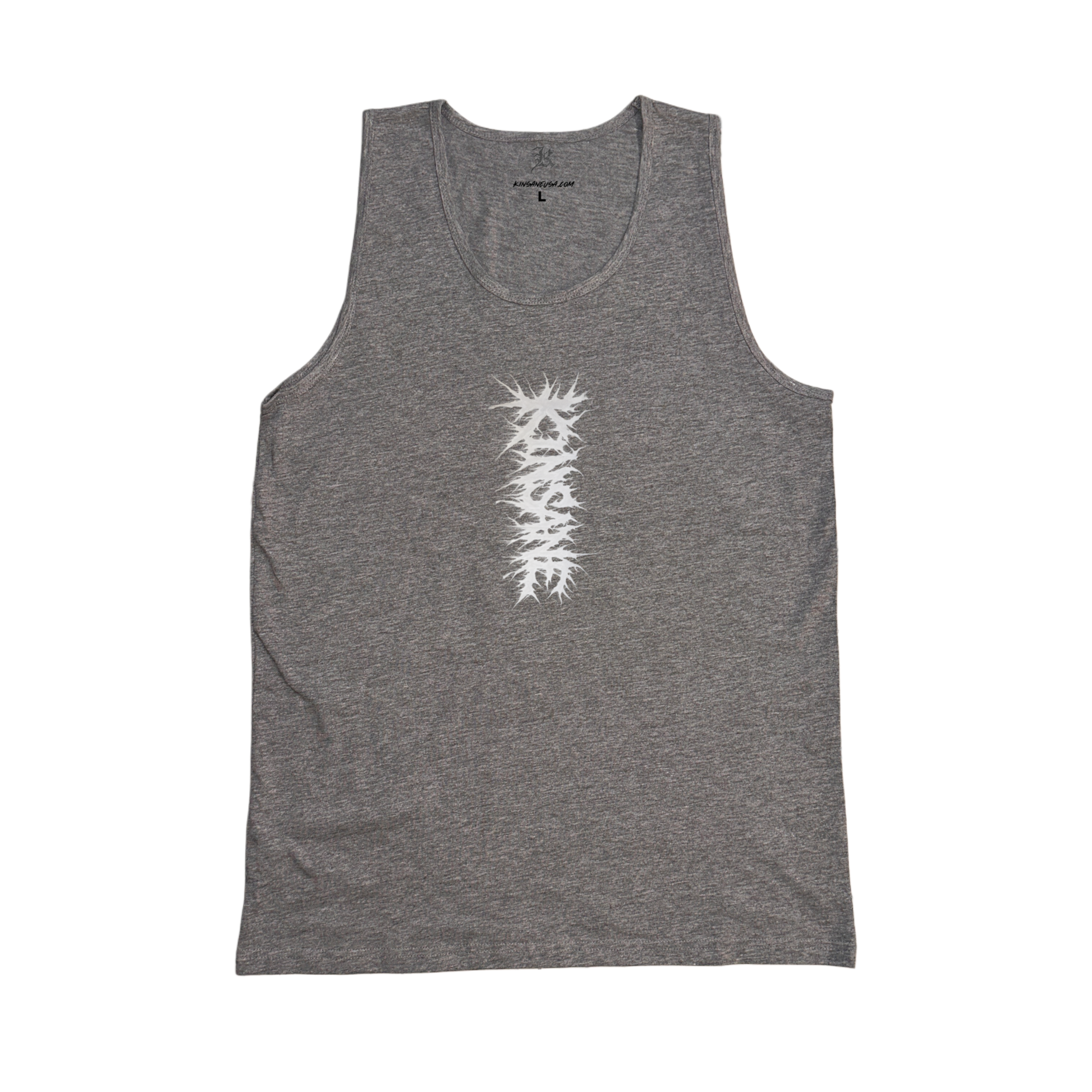 Grey tank top with white chaotic lettering reading “KINSANE” 
