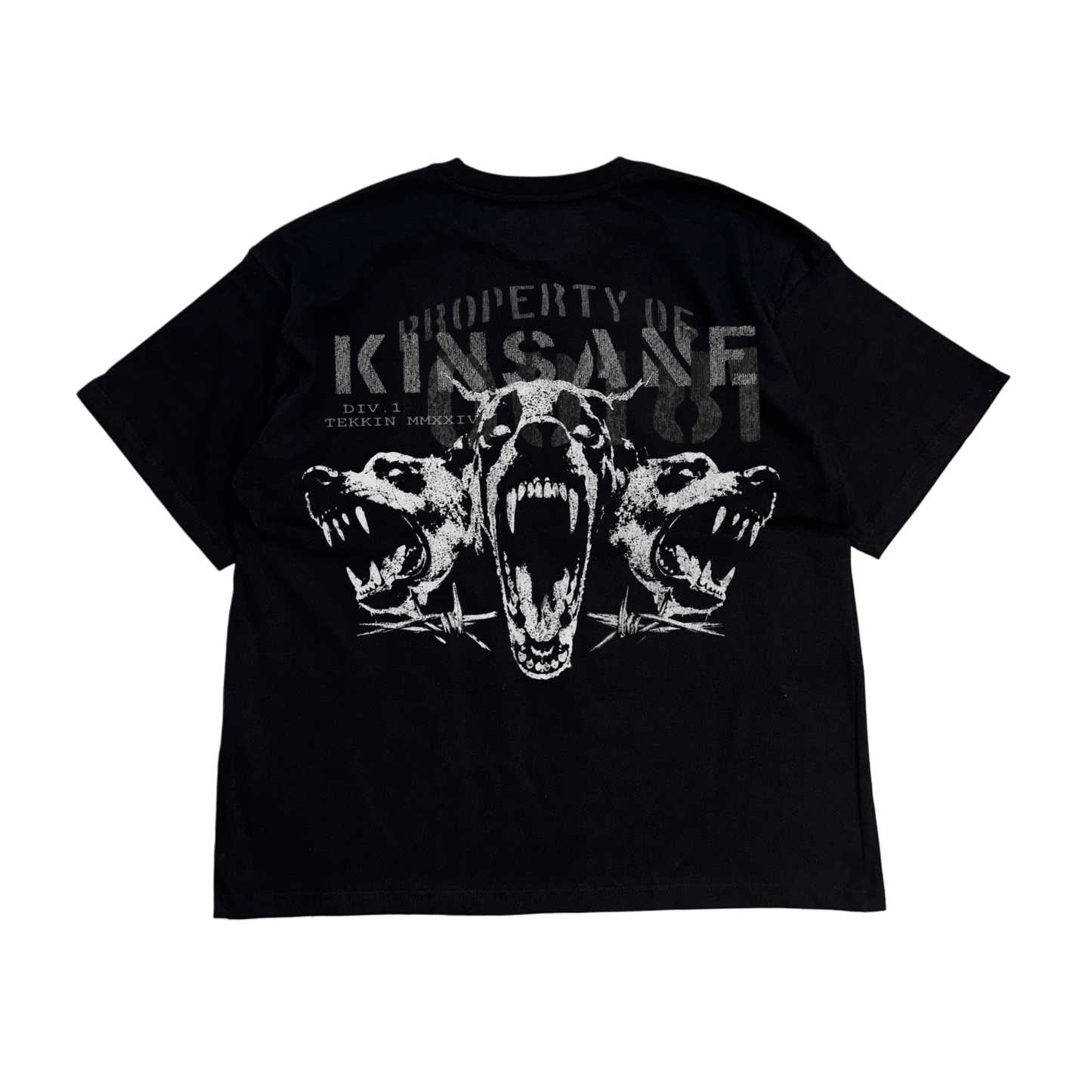 Back view of a black t shirt with a white three dogs design and gray text reading “PROPERTY OF KINSANE DIV. 1 TEKKIN MMXXIV” 