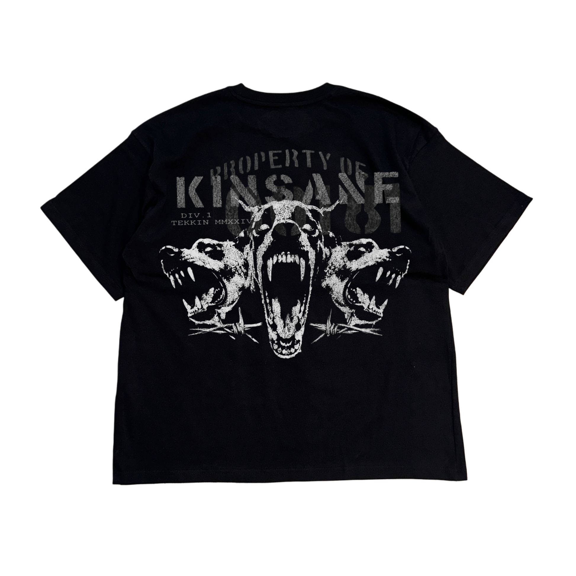 Back view of a black t shirt with a white three dogs design and gray text reading “PROPERTY OF KINSANE DIV. 1 TEKKIN MMXXIV” 