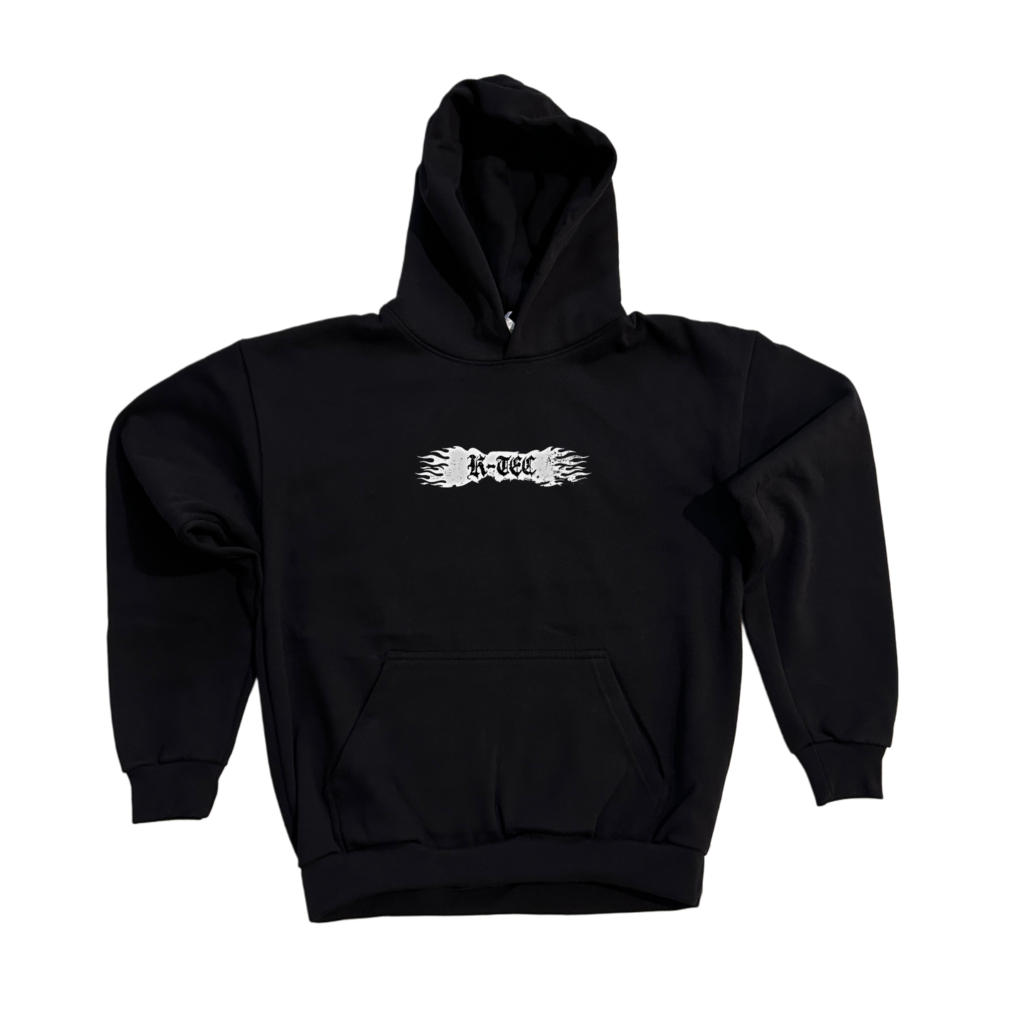 Black hoodie with a white flamed logo with black text reading “K-TEC” 
