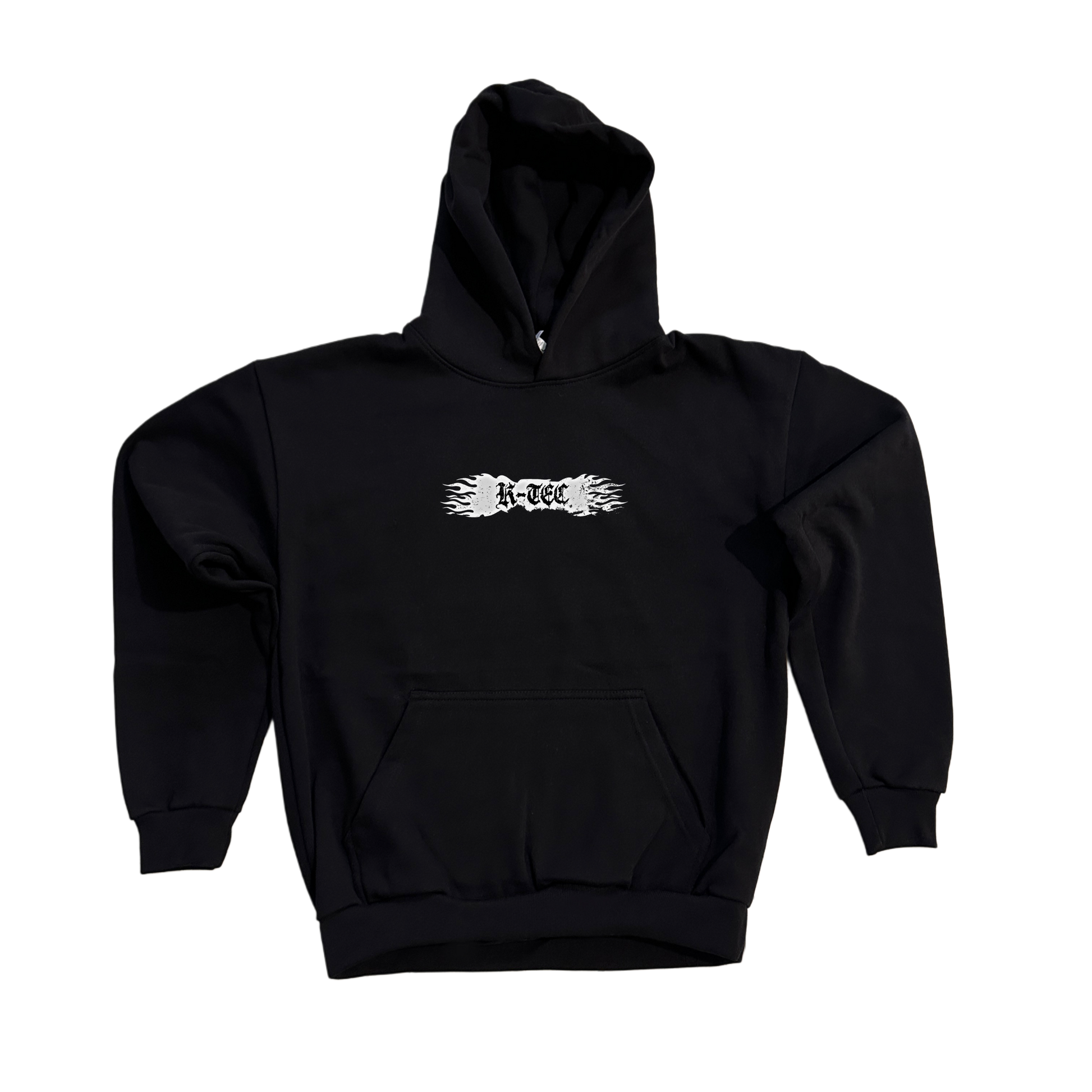 Black hoodie with a white flamed logo with black text reading “K-TEC” 