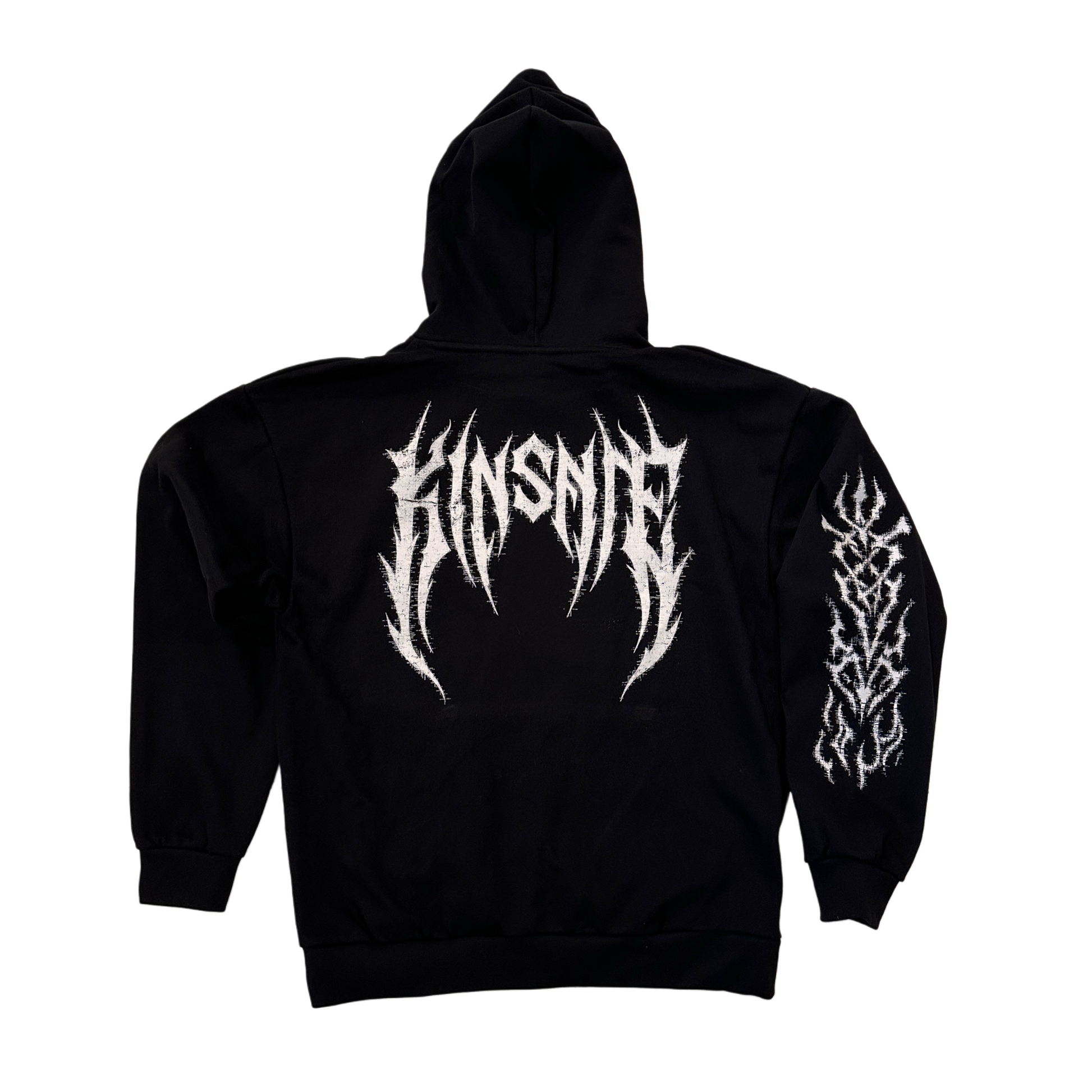 Back view of a black hoodie with white tribal lettering reading “KINSANE” and white tribal designs on the sleeve on the right side 
