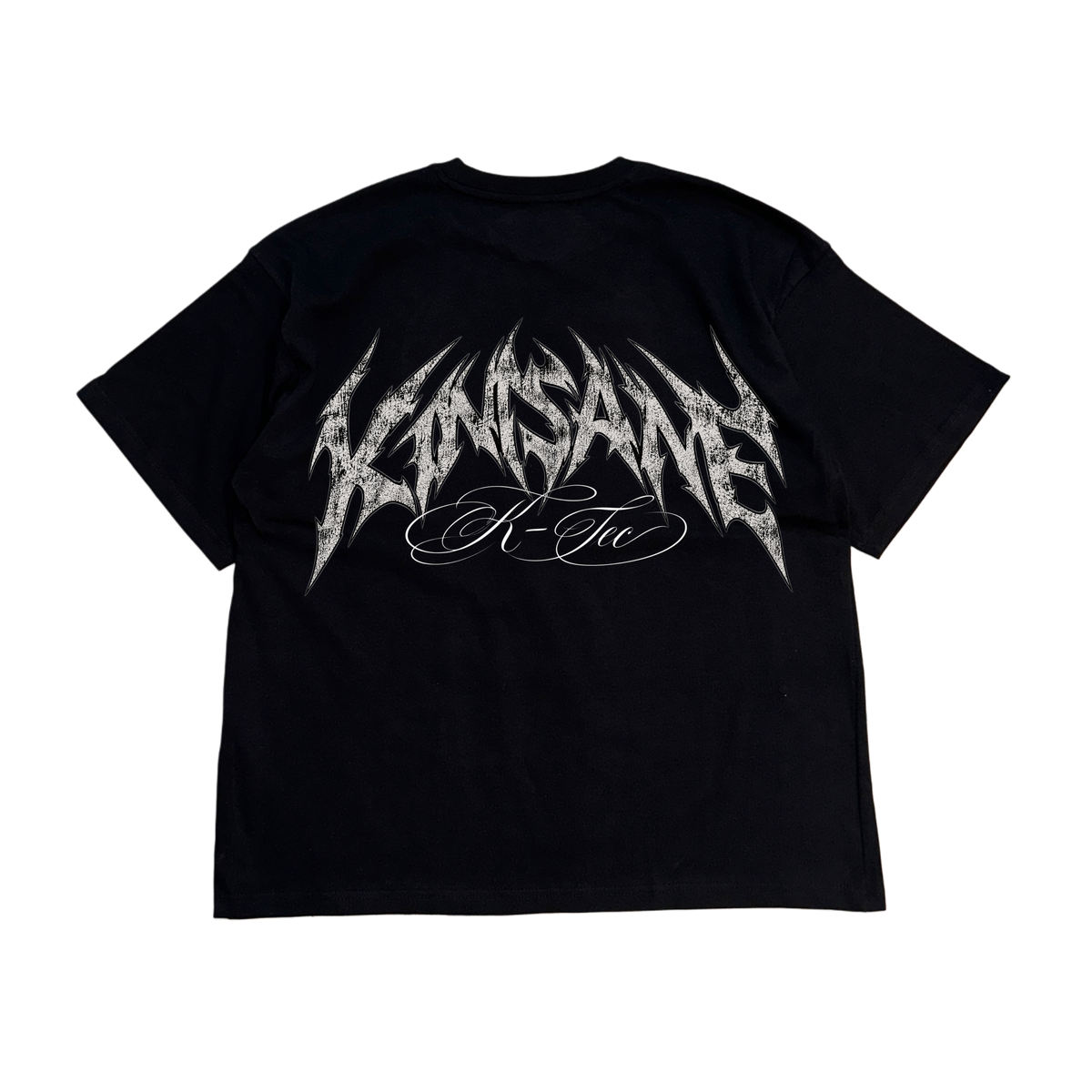 Back view of a black t shirt with the gray lettering reading “KINSANE” and white cursive text reading “K-TEC”