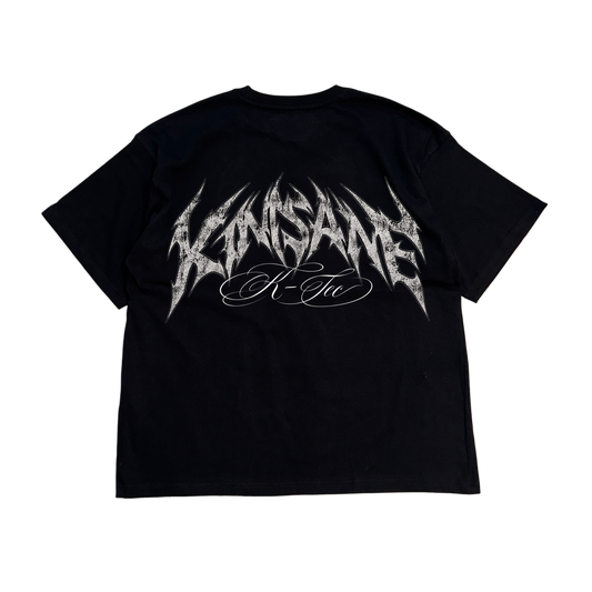 Back view of a black t shirt with the gray lettering reading “KINSANE” and white cursive text reading “K-TEC”
