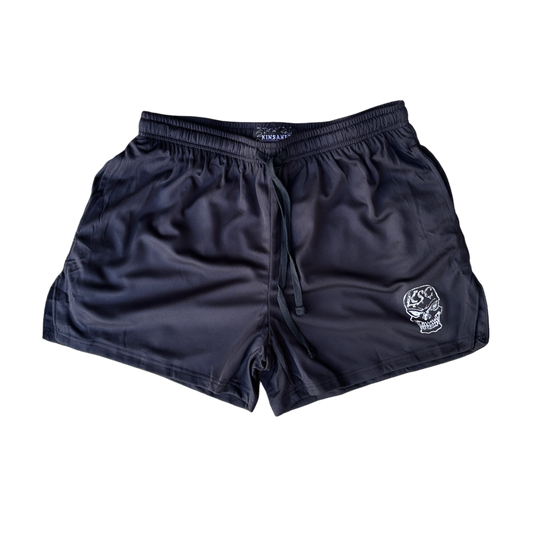 Black athletic shorts with black drawstring and a white skull logo with white letters reading “KSC” on the left leg 