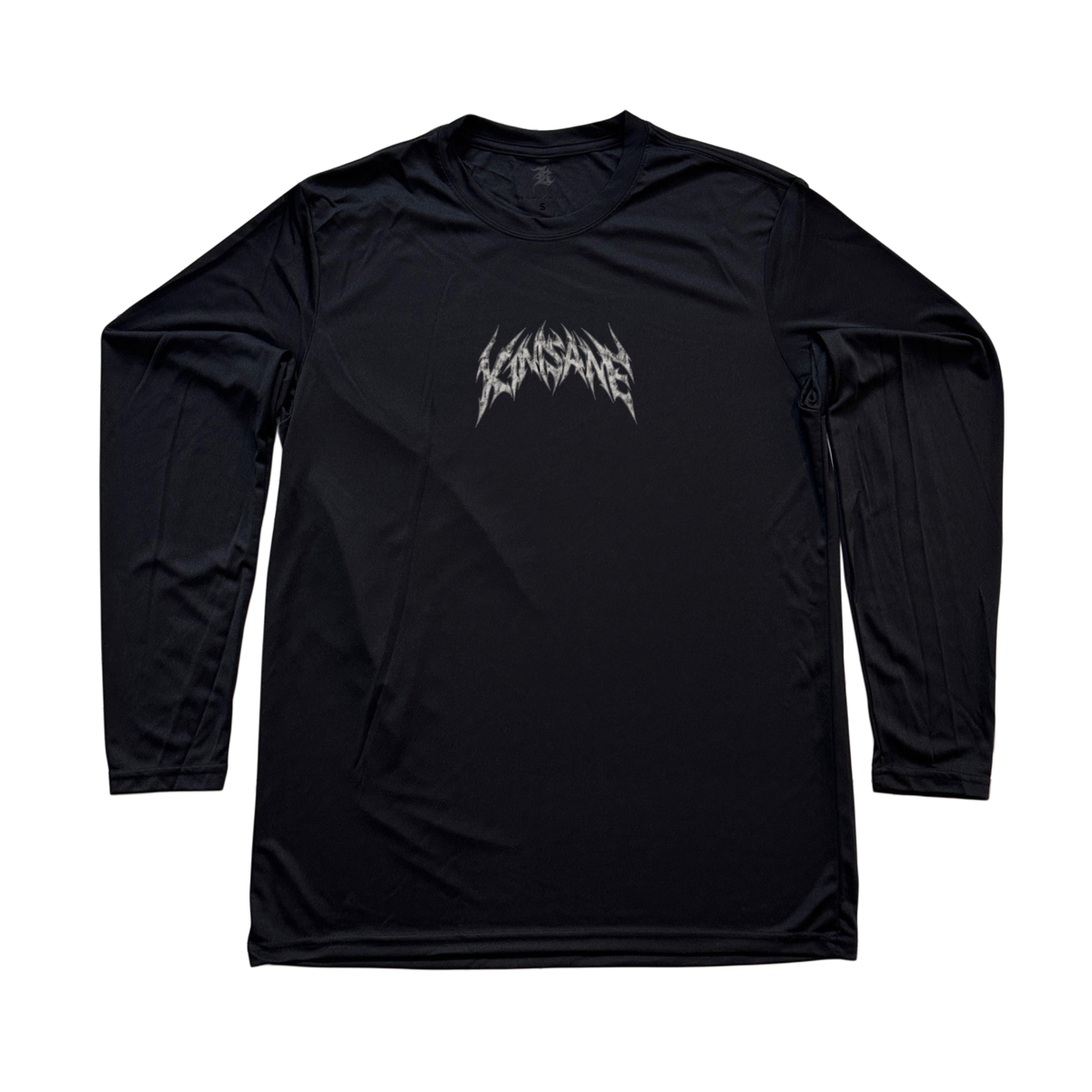 Black long sleeve compression shirt with light gray / white text printed on the chest area reading “KINSANE” 
