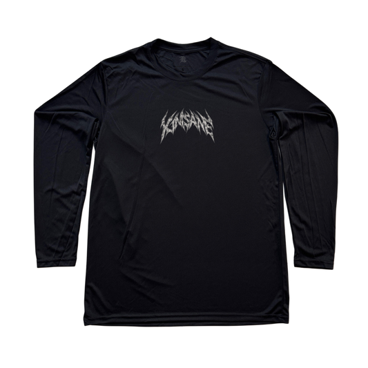 Black long sleeve compression shirt with light gray / white text printed on the chest area reading “KINSANE” 