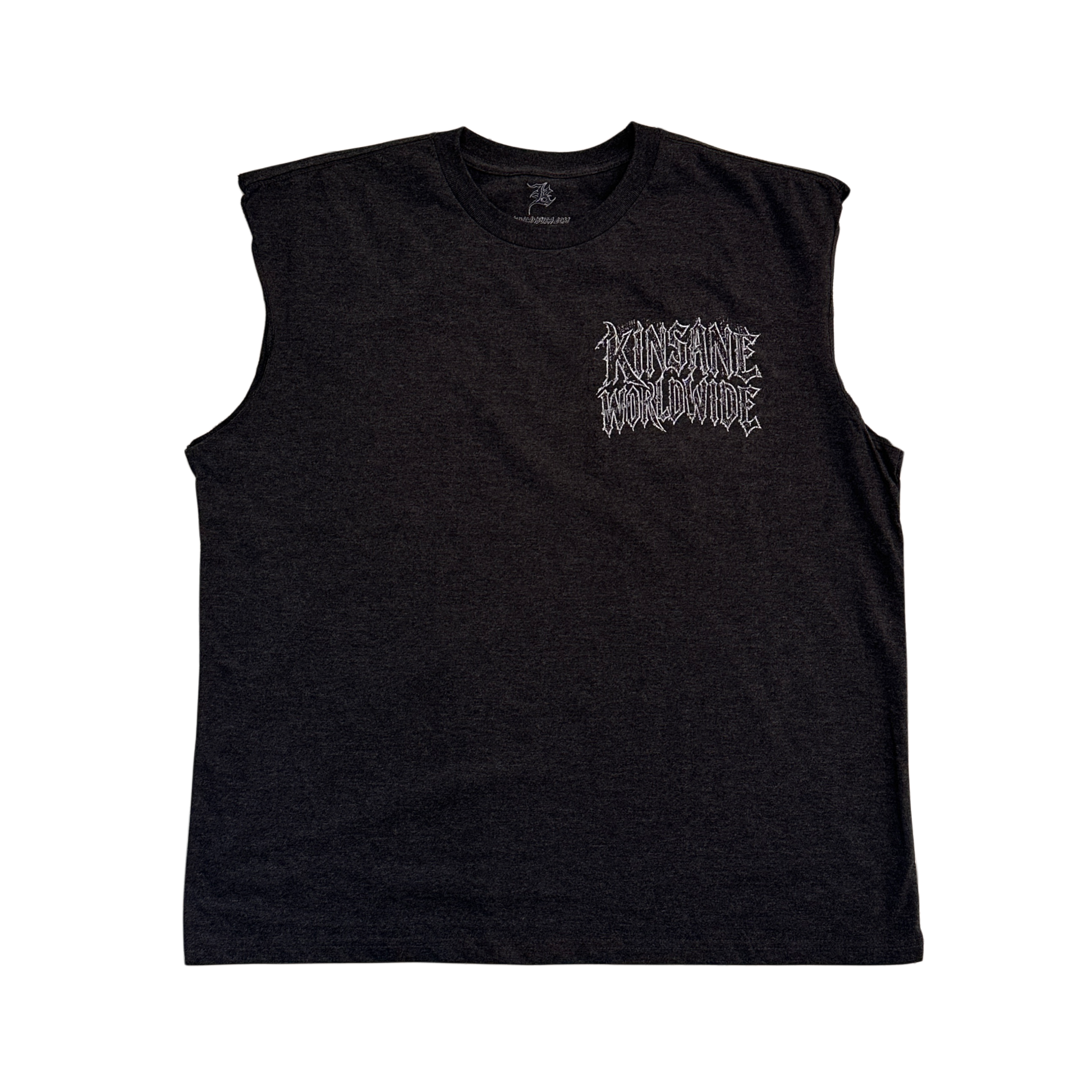 Dark gray sleeveless shirt with white text reading “KINSANE WORLDWIDE” 