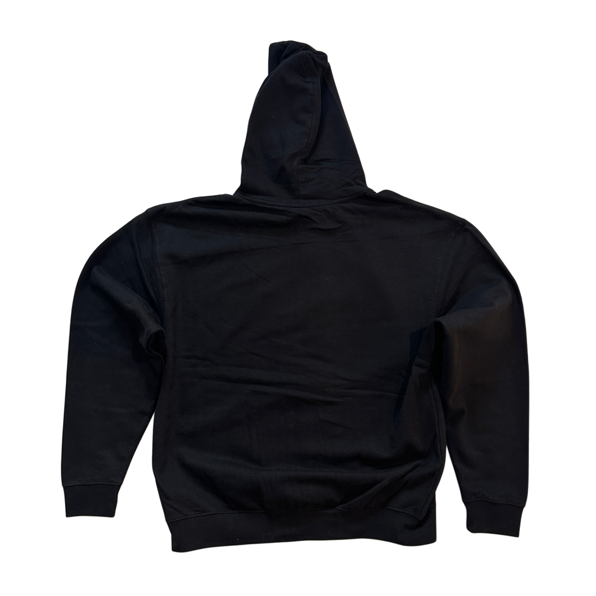 Back view of plain black zip up hoodie 