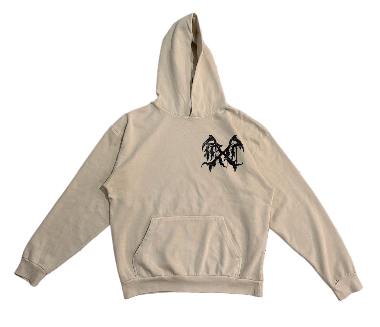 Beige hoodie with a black logo on the front 