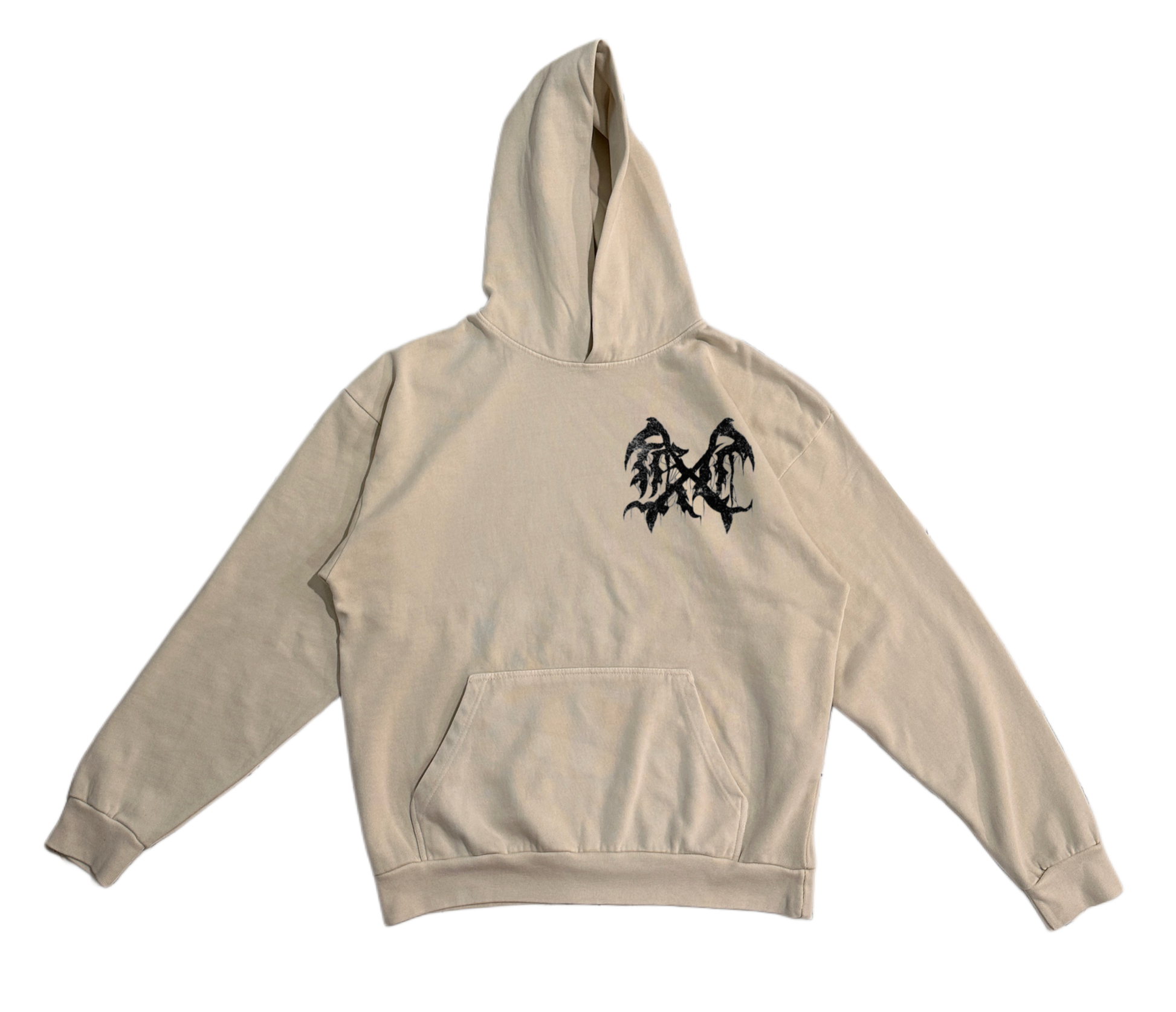 Beige hoodie with a black logo on the front 