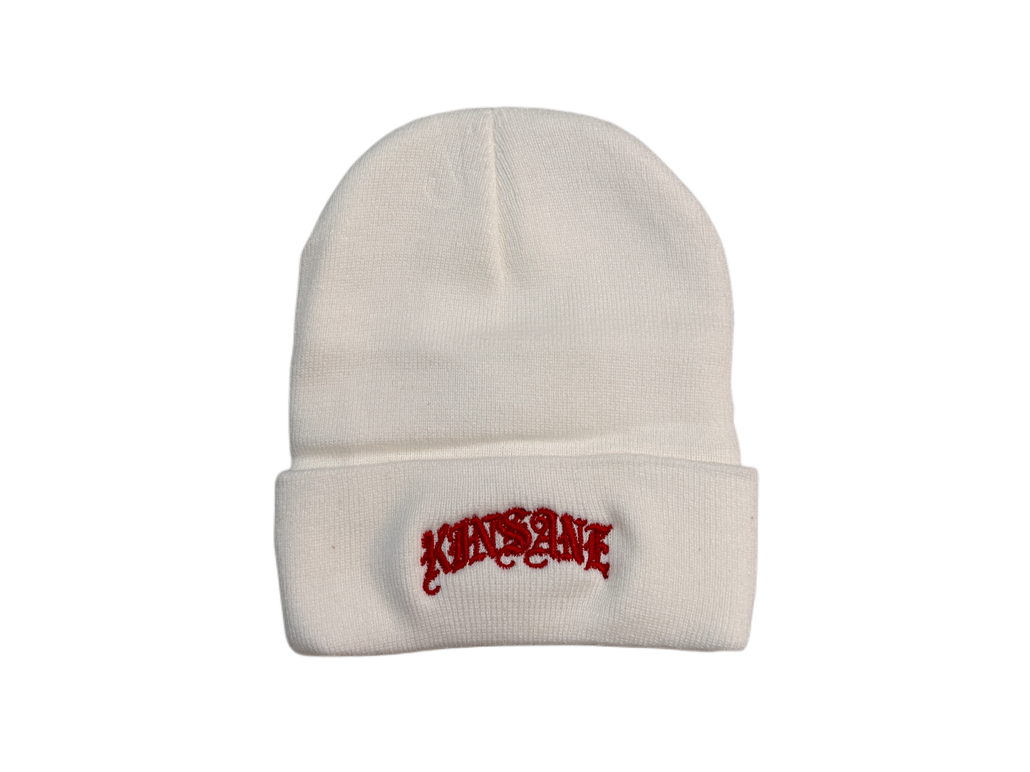 White beanie with red old English style lettering reading “KINSANE” 