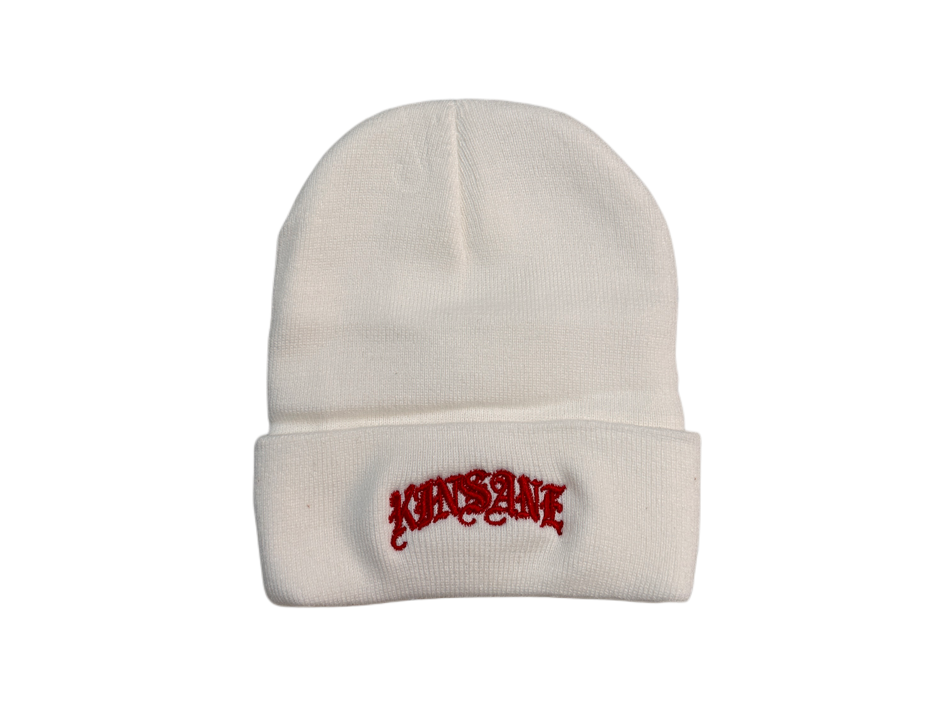 White beanie with red old English style lettering reading “KINSANE” 