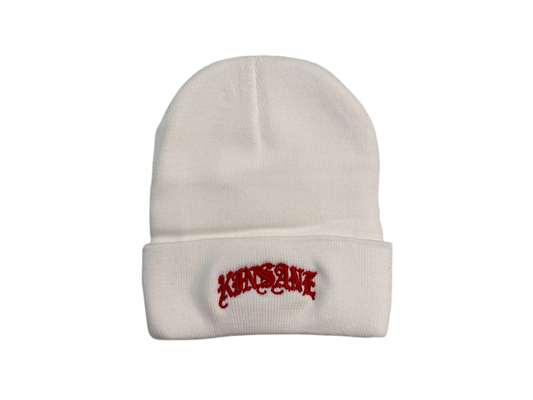 White beanie with red old English style lettering reading “KINSANE” 