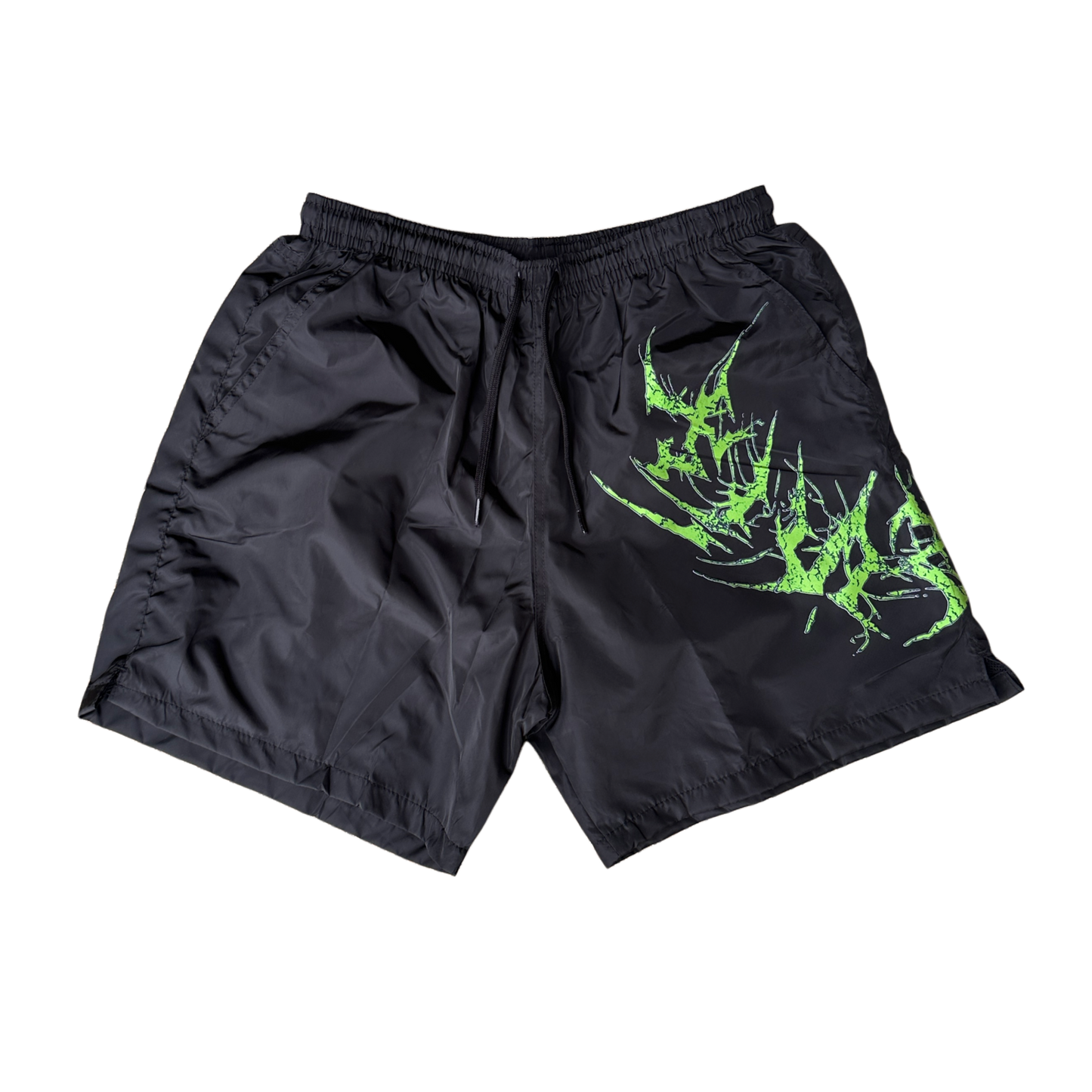 Black shorts with black drawstrings and neon green lettering on the left leg reading “KINSANE”