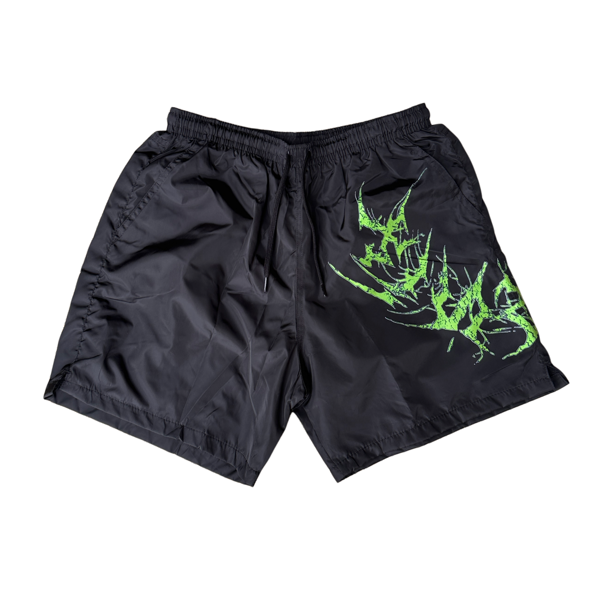 Black shorts with black drawstrings and neon green lettering on the left leg reading “KINSANE”