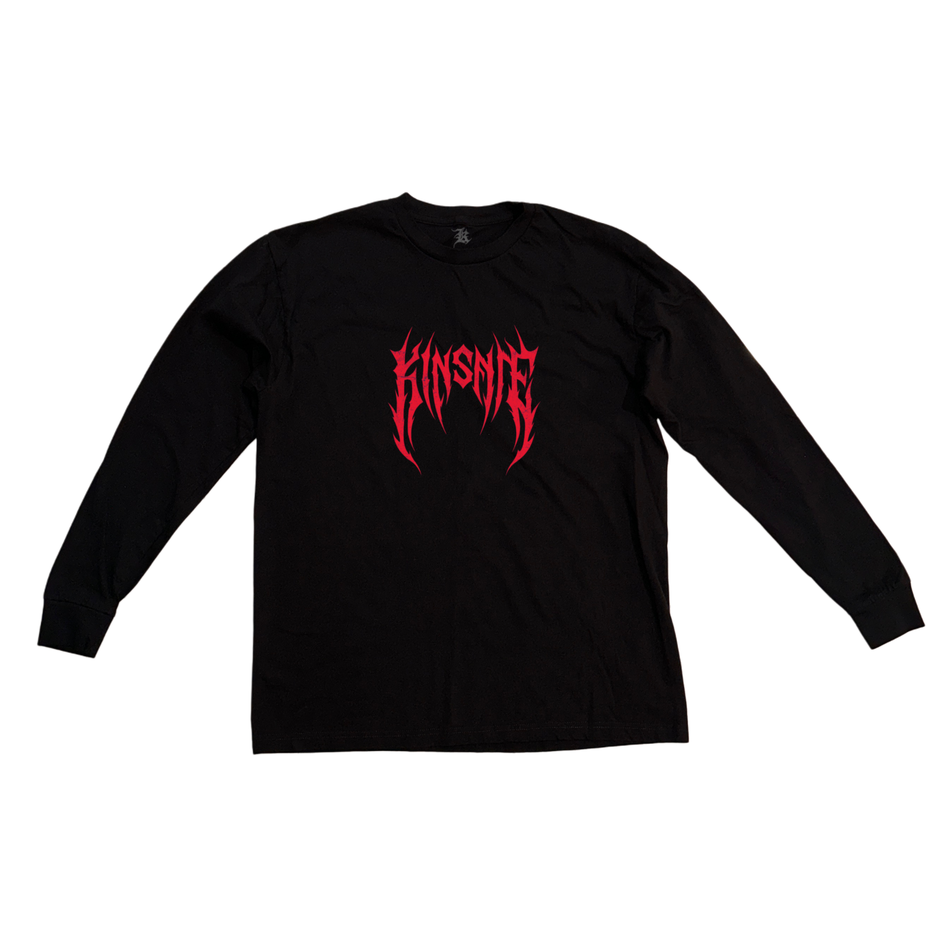 Black long sleeve shirt with red tribal letting reading “KINSANE” in the center 