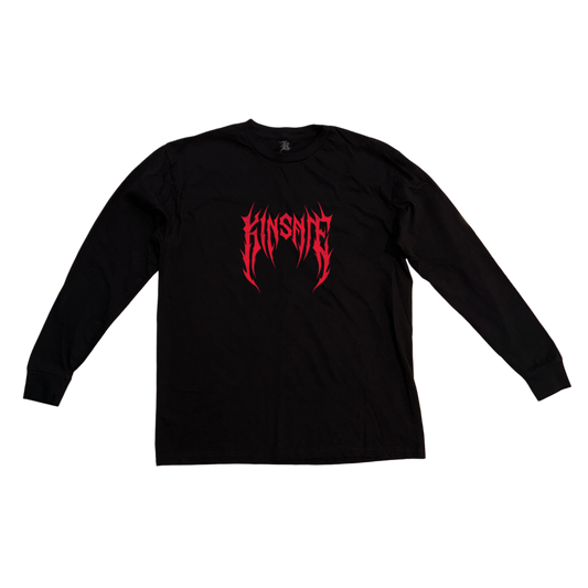 Black long sleeve shirt with red tribal letting reading “KINSANE” in the center 