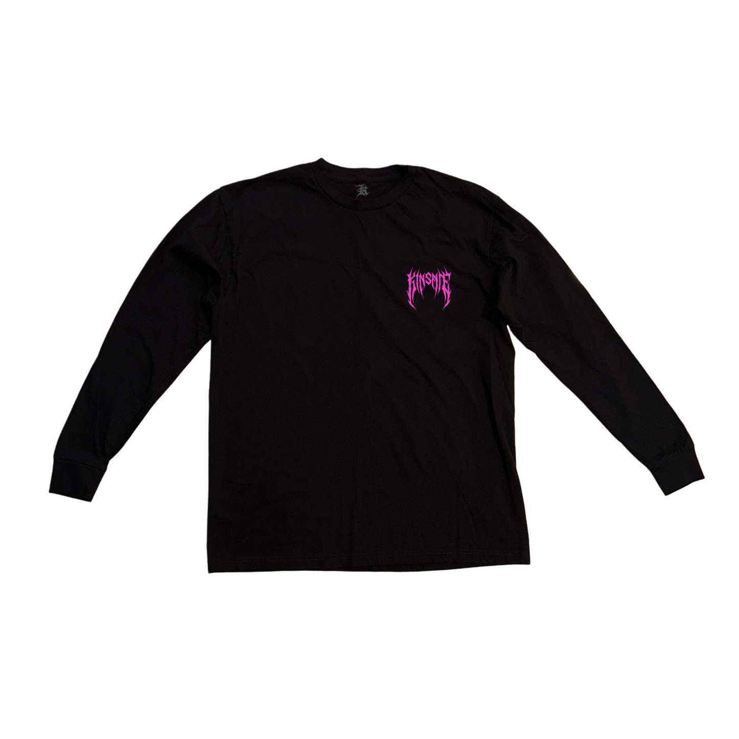 Black long sleeve T-shirt with pink tribal lettering reading “KINSANE” 