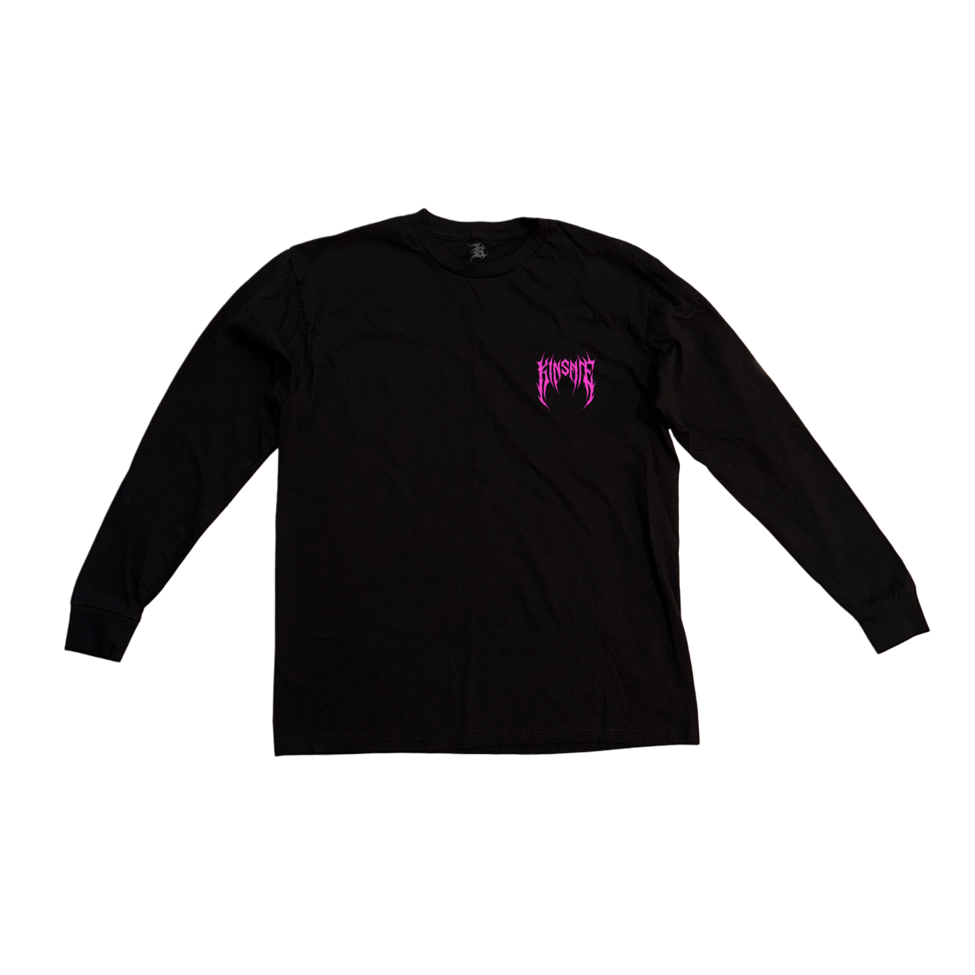 Black long sleeve T-shirt with pink tribal lettering reading “KINSANE” 