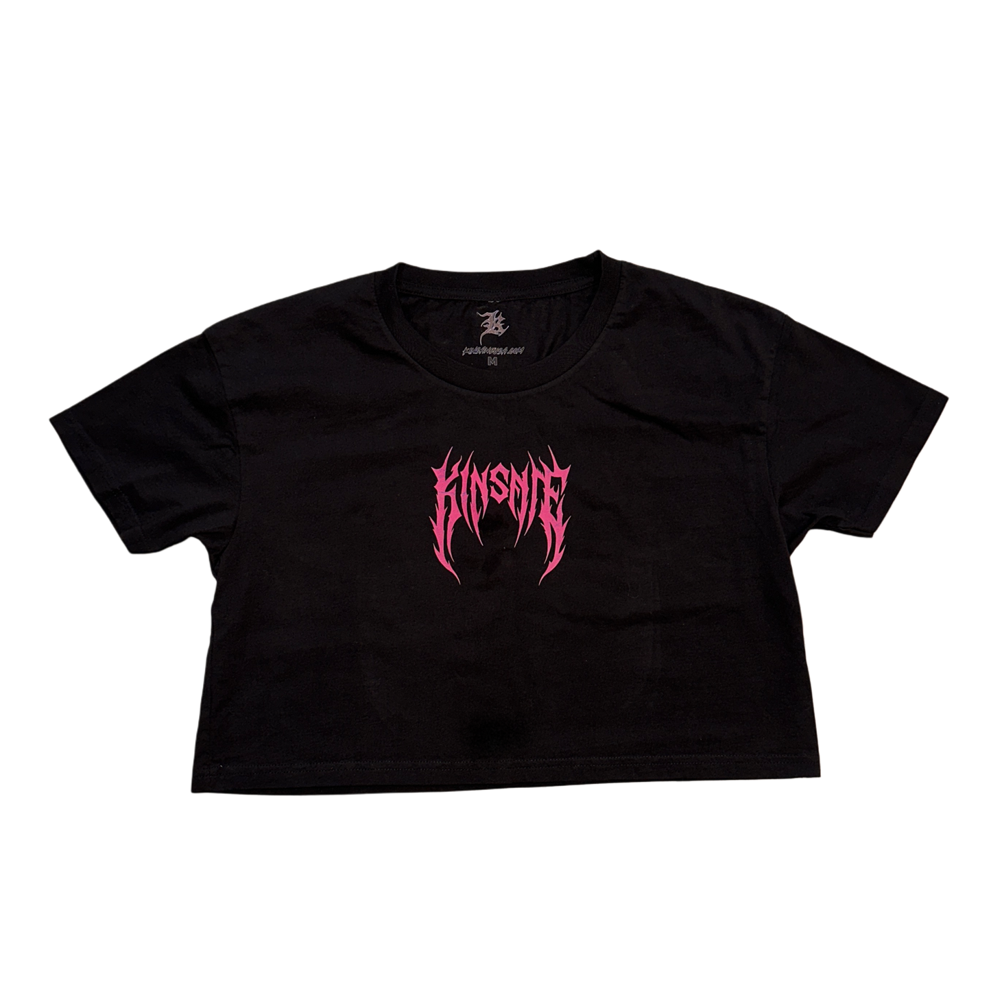 Black crop top T-shirt with pink tribal lettering reading “KINSANE” 