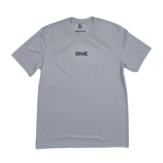 Gray dry fit t shirt with dark blue lettering reading “KINSANE” 