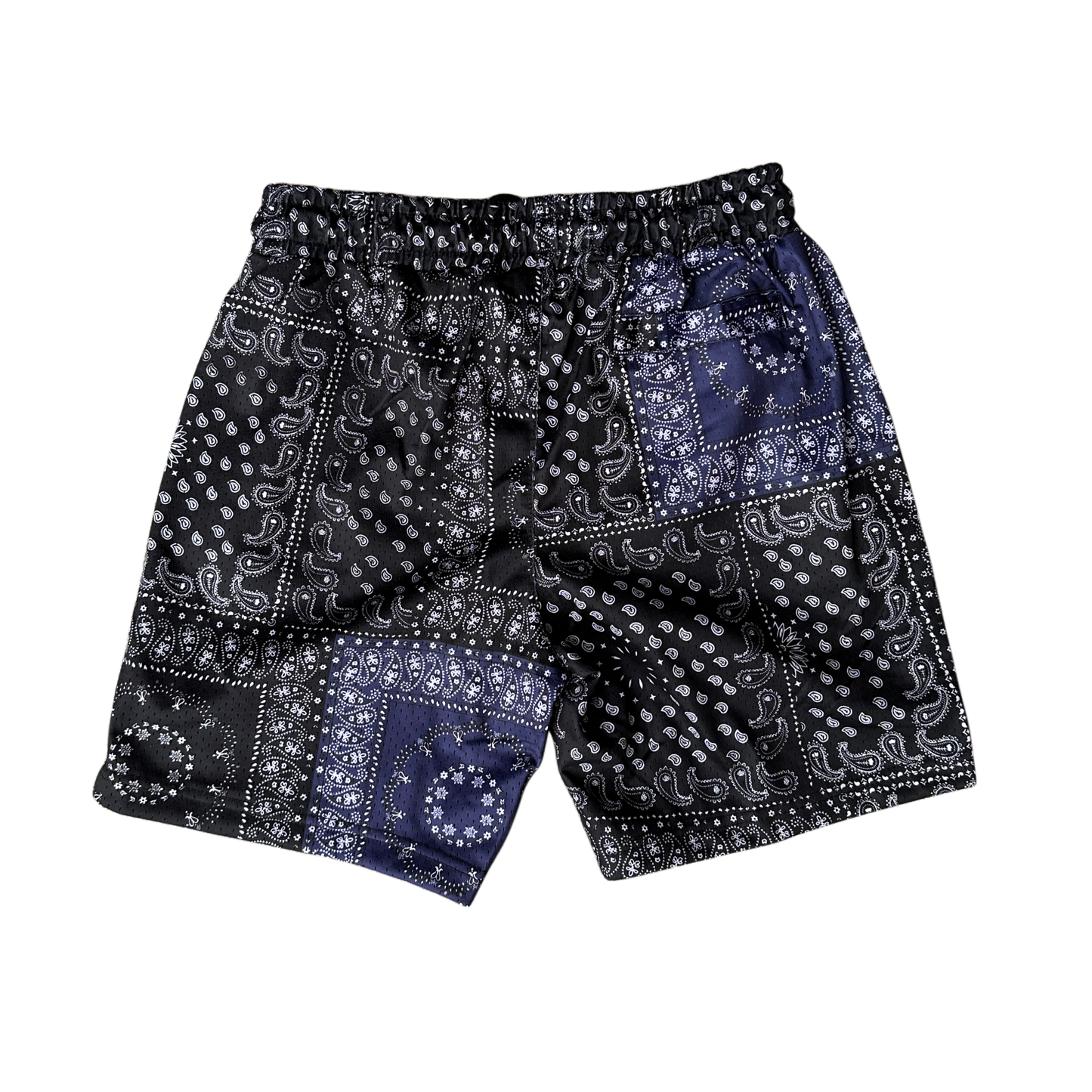 Back view of black shorts with white and blue bandana design 