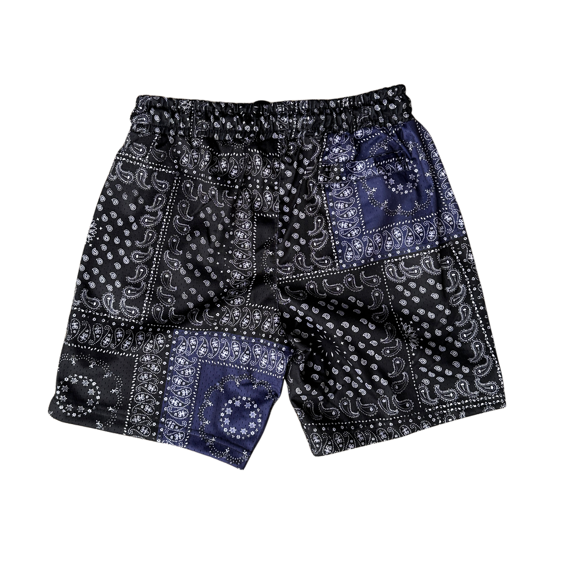 Back view of black shorts with white and blue bandana design 