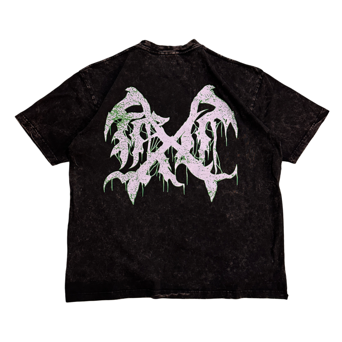 Back view of a black acid washed t-shirt with a white and green logo 