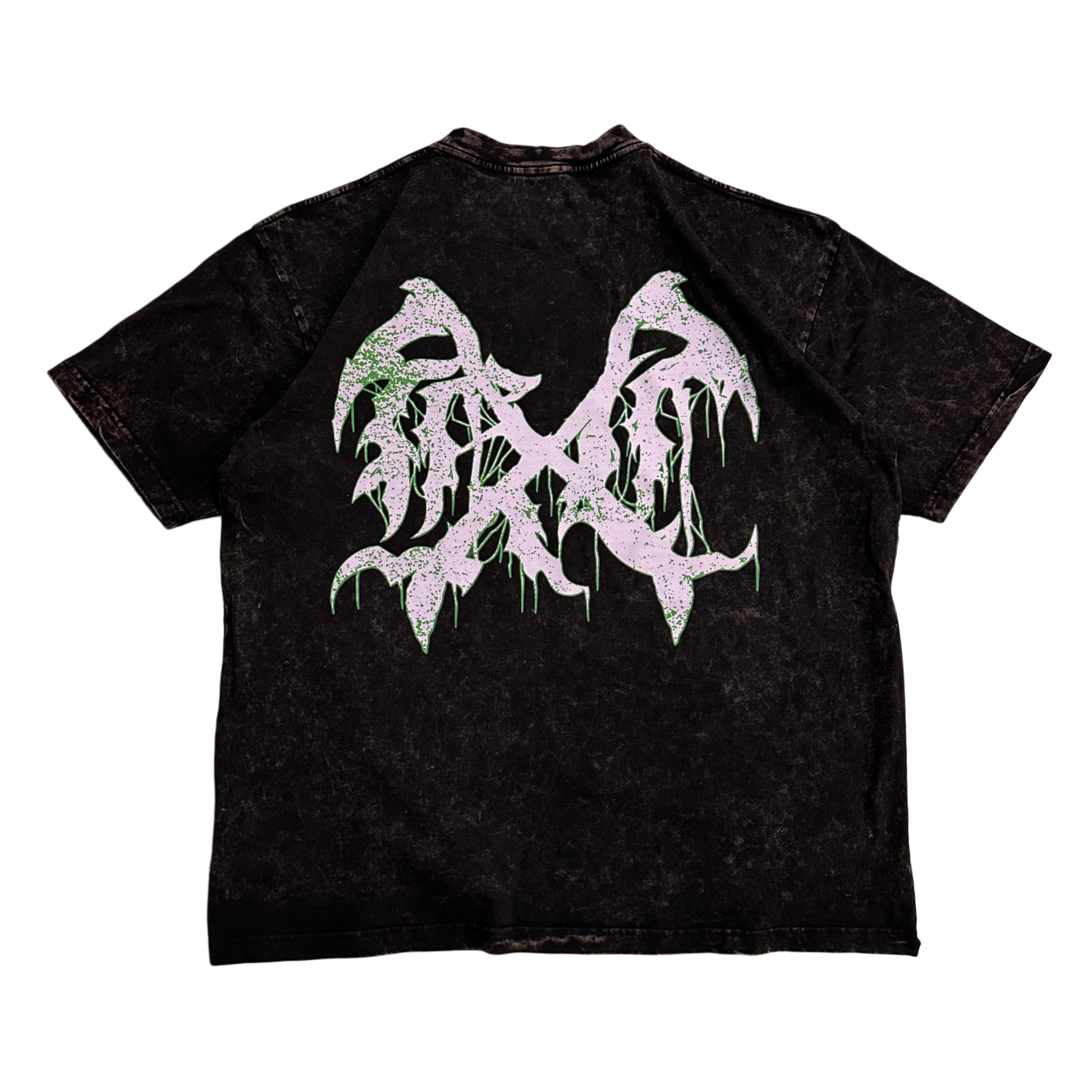 Back view of a black acid washed t-shirt with a white and green logo 