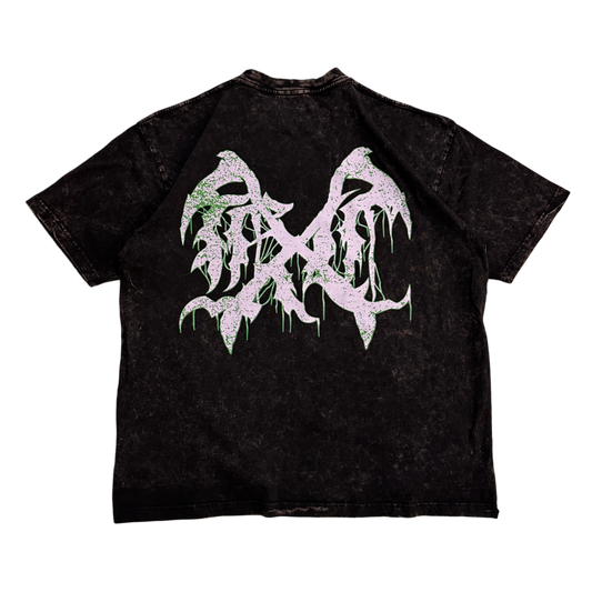 Back view of a black acid washed t-shirt with a white and green logo 