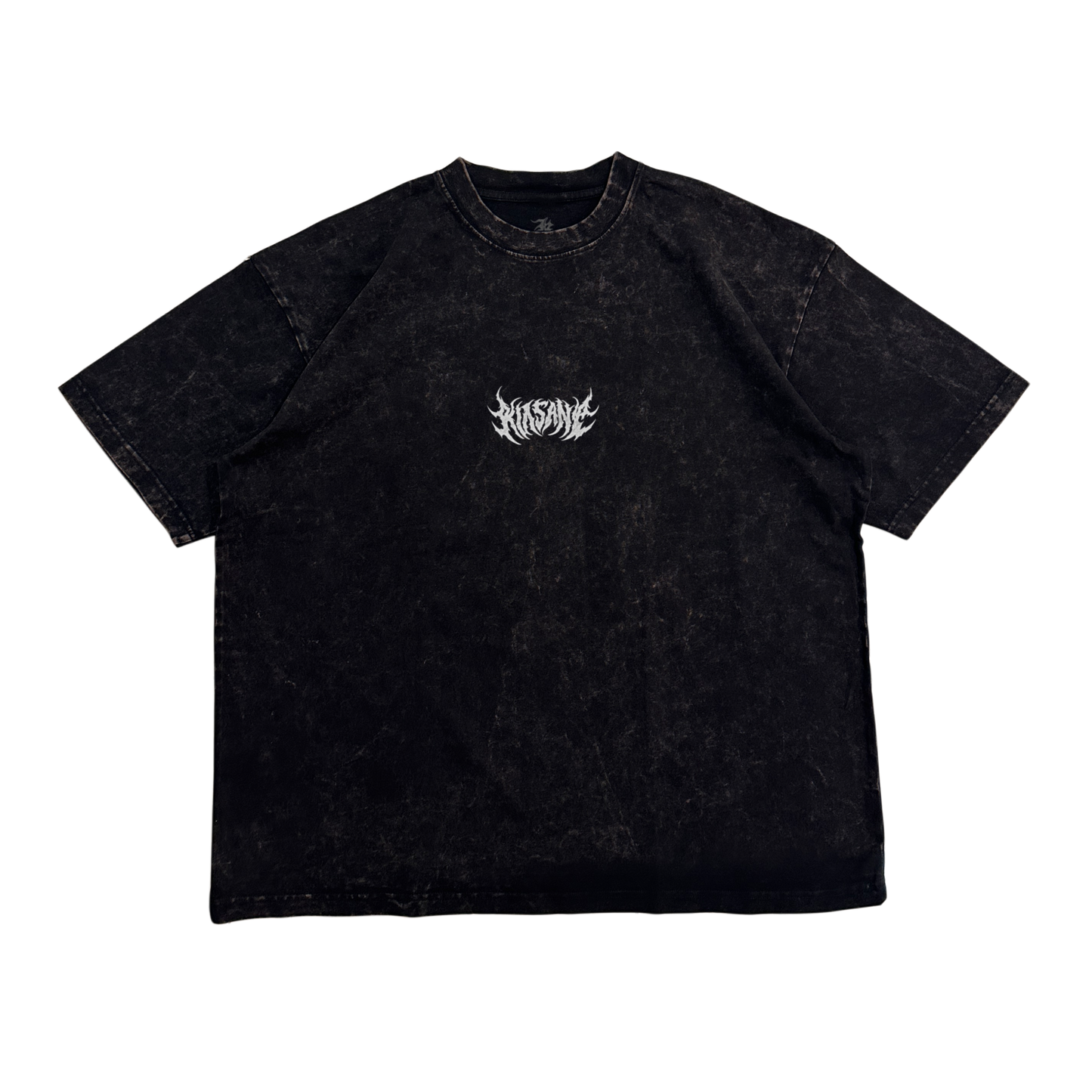 Black acid washed t shirt with white text reading “KINSANE” 