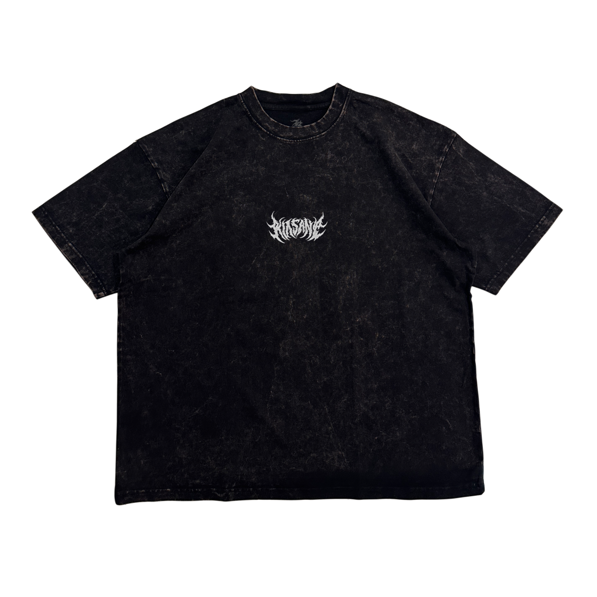 Black acid washed t shirt with white text reading “KINSANE” 