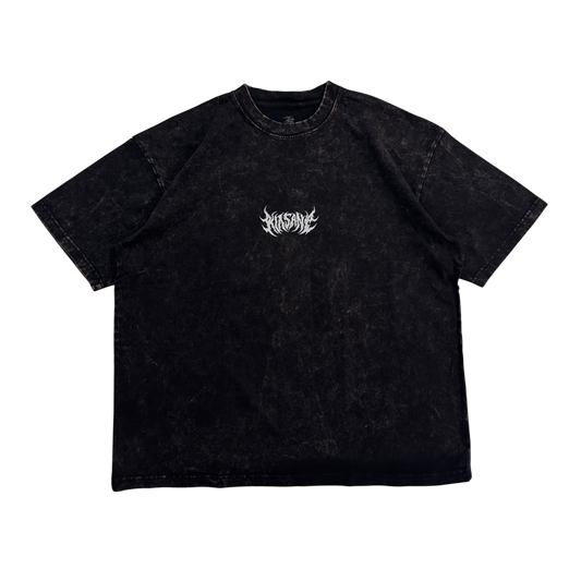 Black acid washed t shirt with white text reading “KINSANE” 