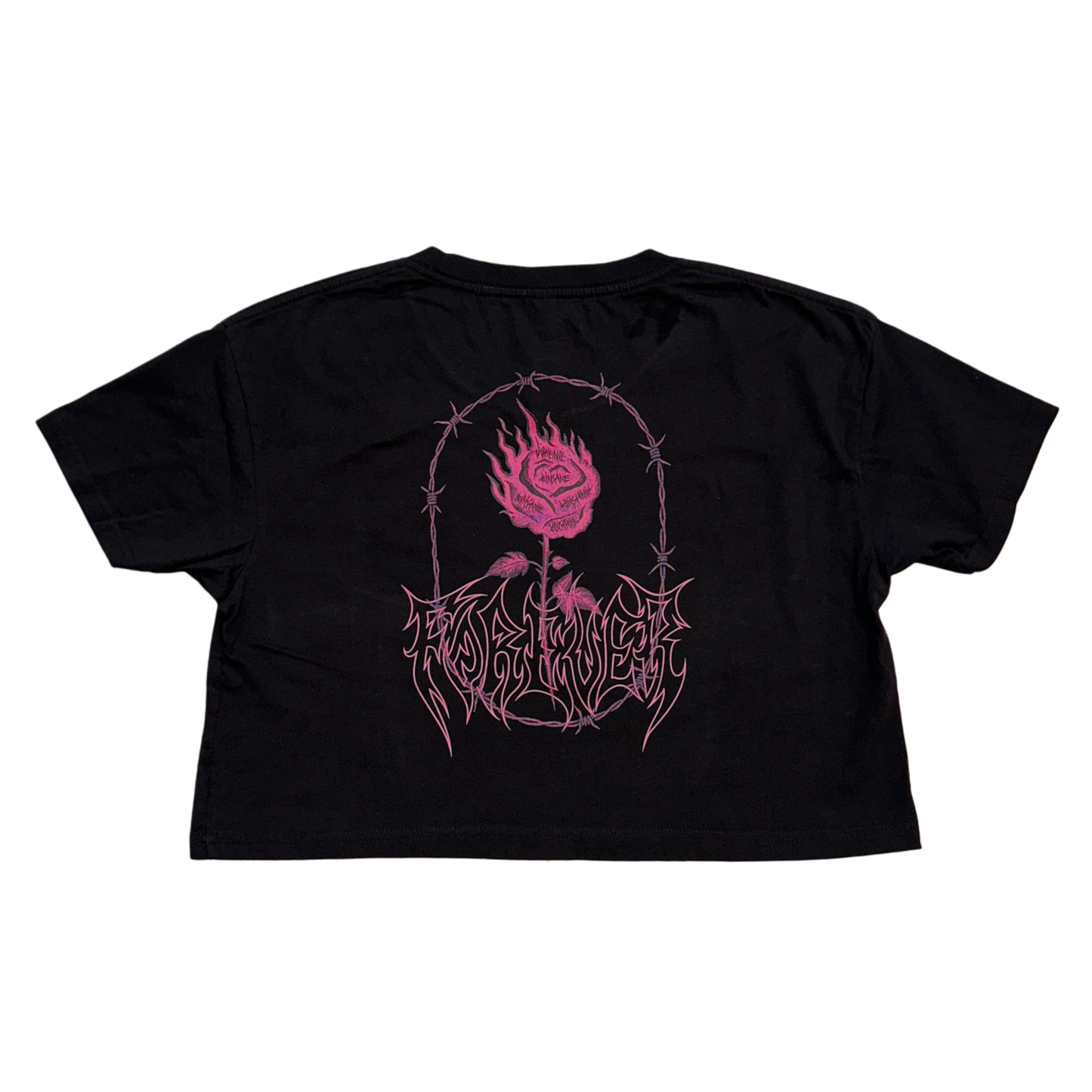 Back view of a black crop top T-shirt with a pink rose and barbed wire surrounding it and pink lettering reading “FOREVER” 
