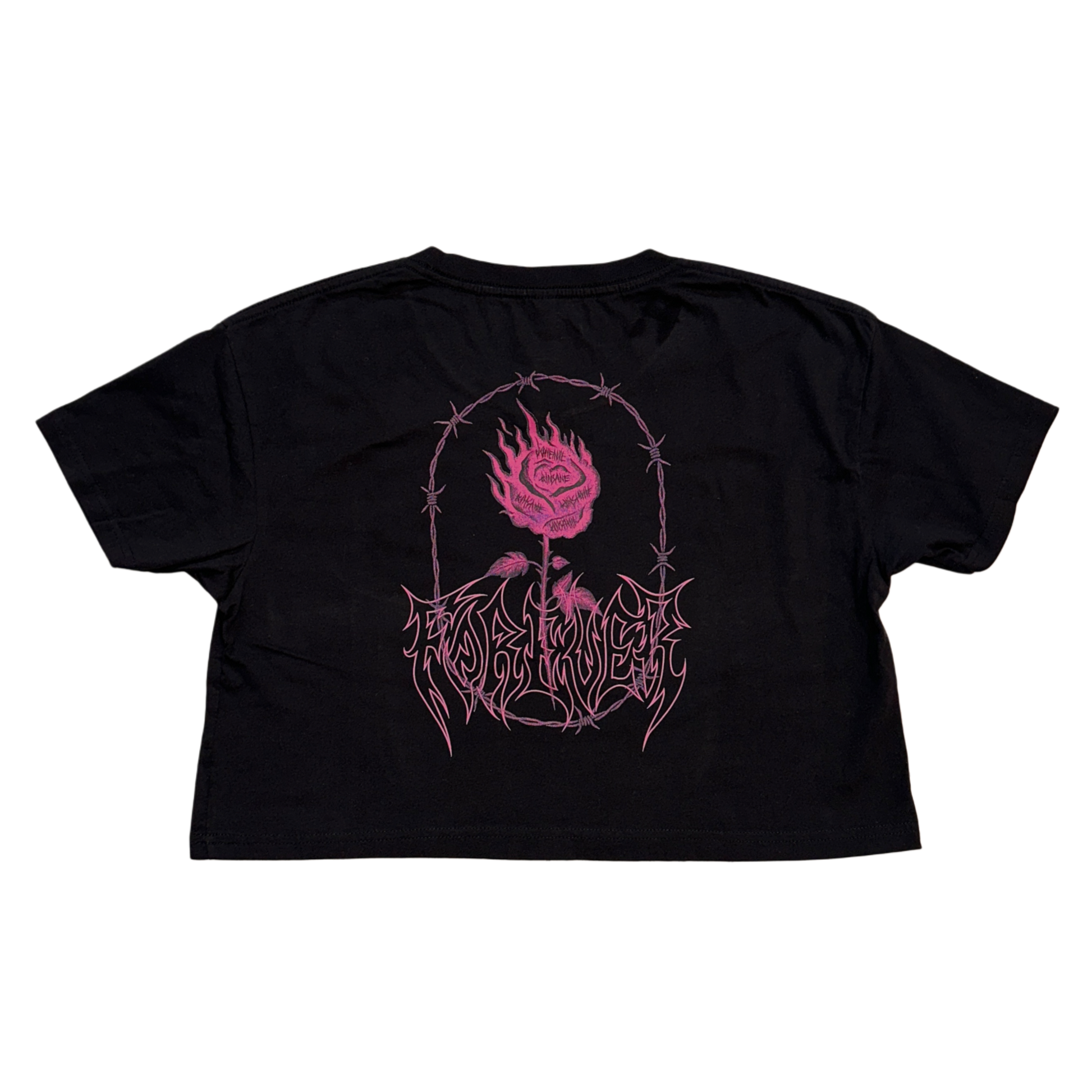 Back view of a black crop top T-shirt with a pink rose and barbed wire surrounding it and pink lettering reading “FOREVER” 