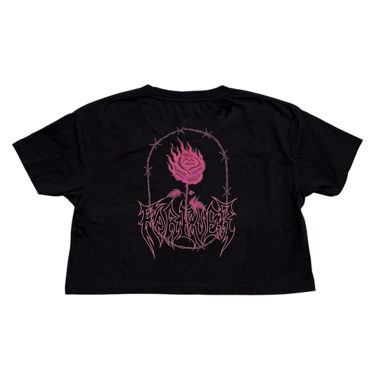 Back view of a black crop top T-shirt with a pink rose and barbed wire surrounding it and pink lettering reading “FOREVER” 