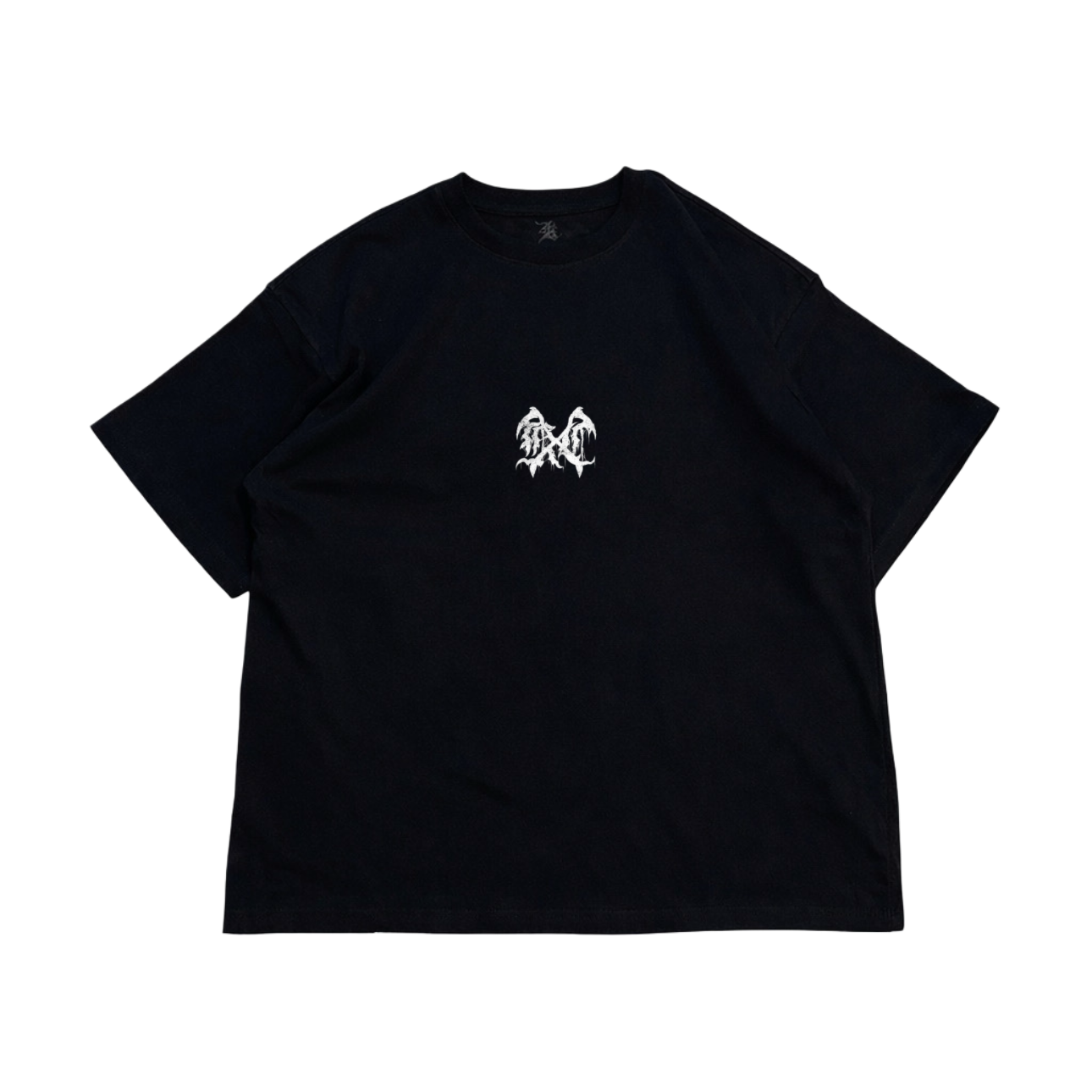 Black t shirt with a white logo on the front chest area 