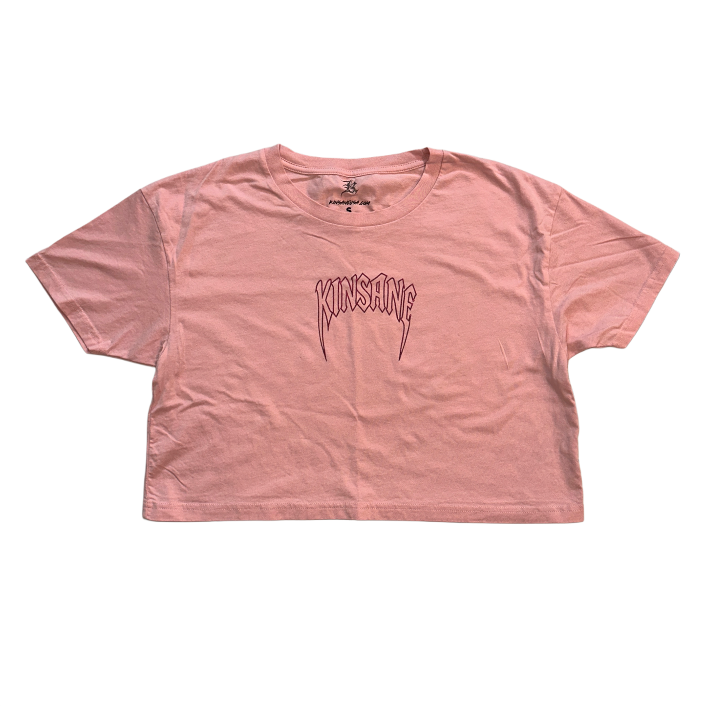 Pink crop top T-shirt with pink outlined lettering reading “KINSANE” 
