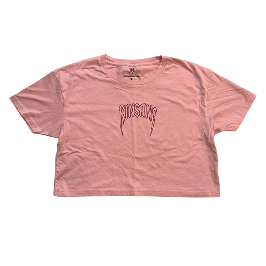 Pink crop top T-shirt with pink outlined lettering reading “KINSANE” 