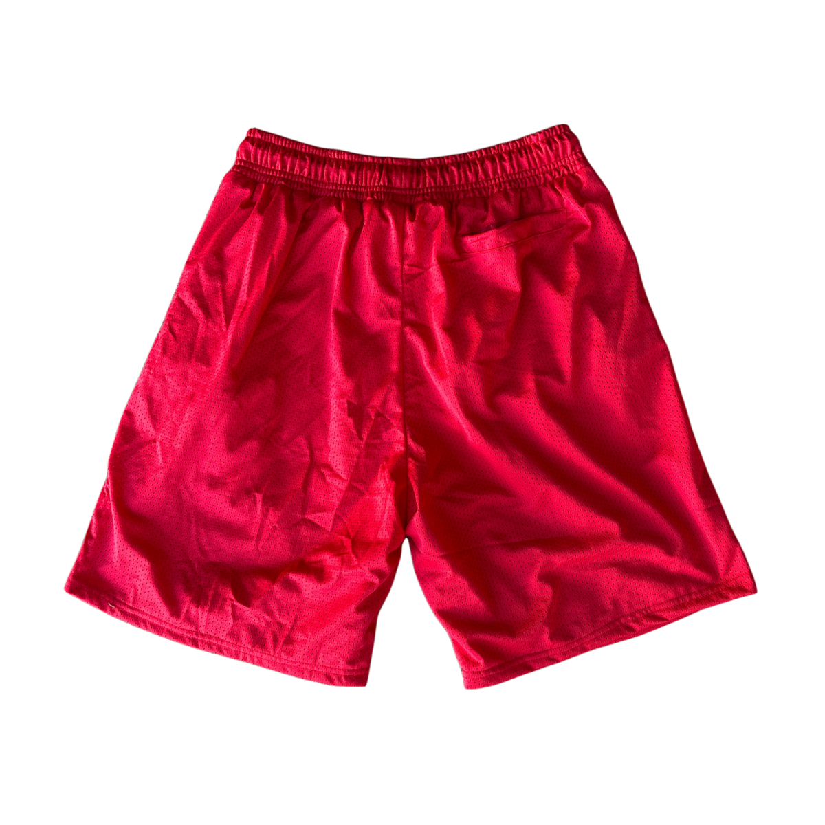 Back view of plain red mesh shorts 